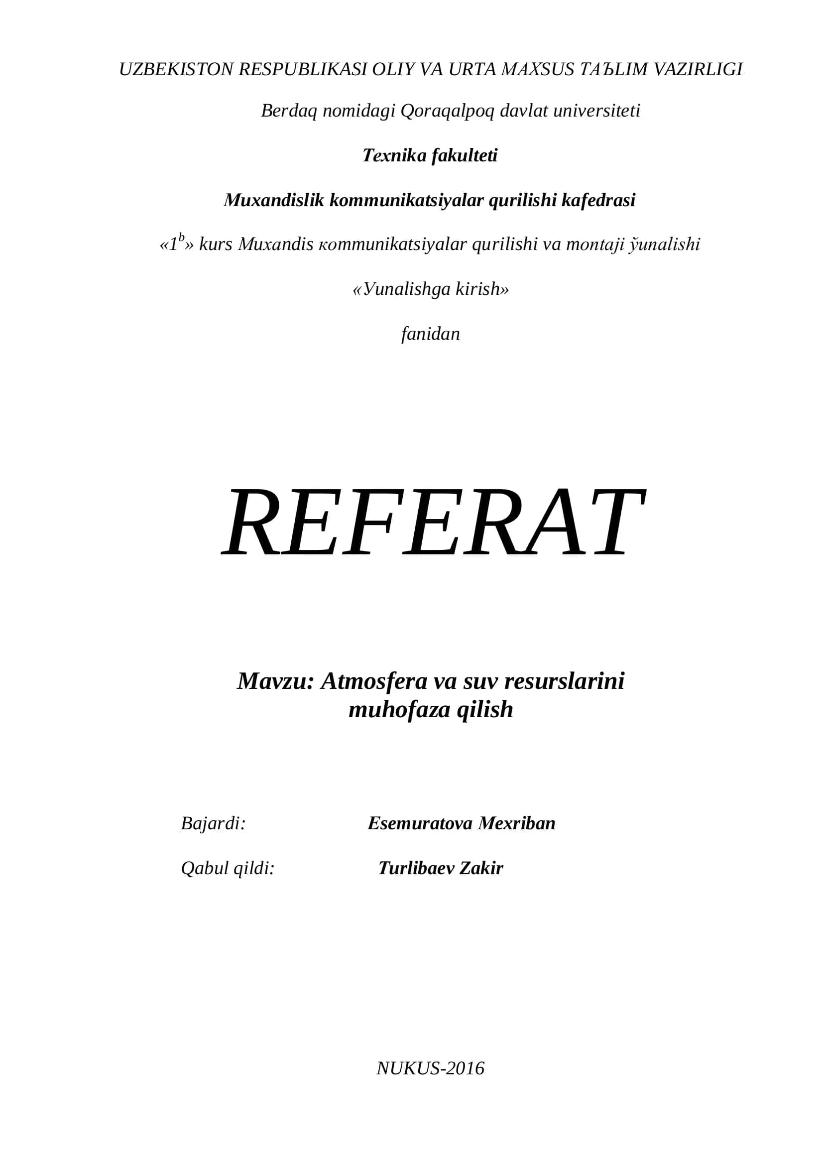 REFERAT: Atmosfera va suv resurslarini muhofaza qilish 1