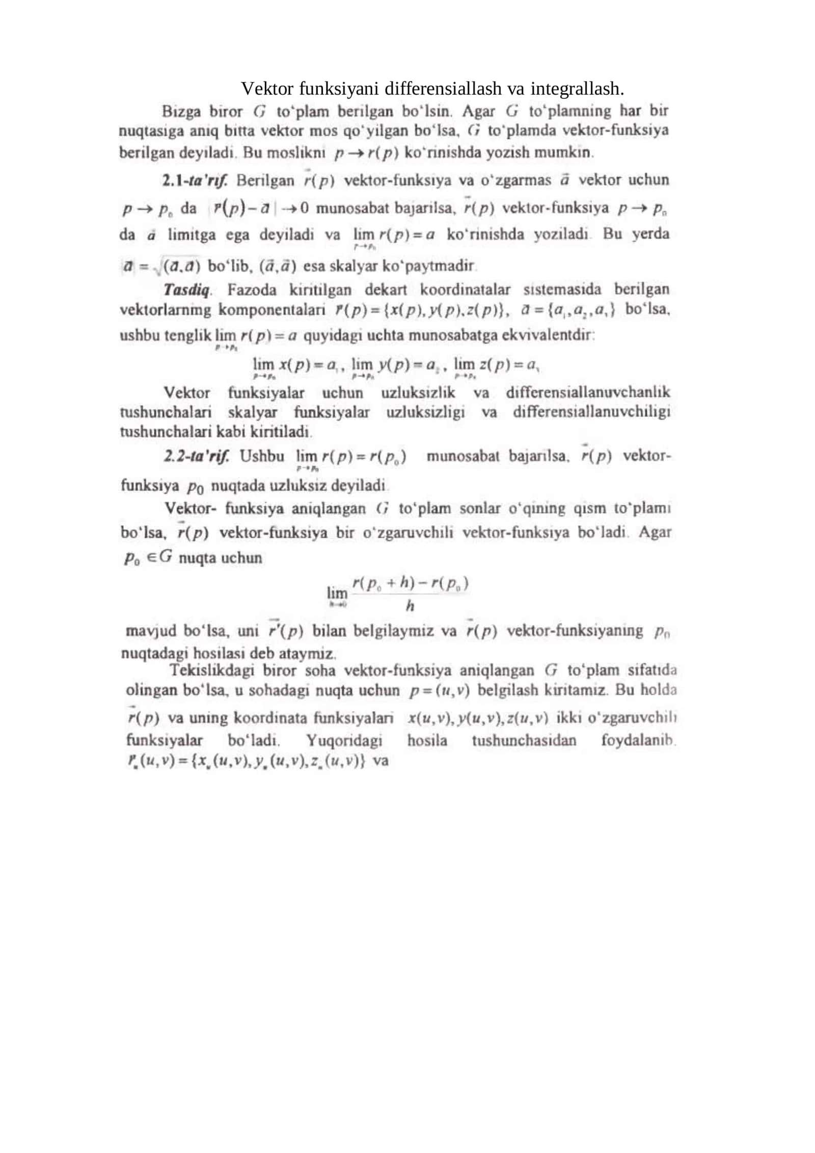 Vektor funksiyani differensiallash va integrallash 1