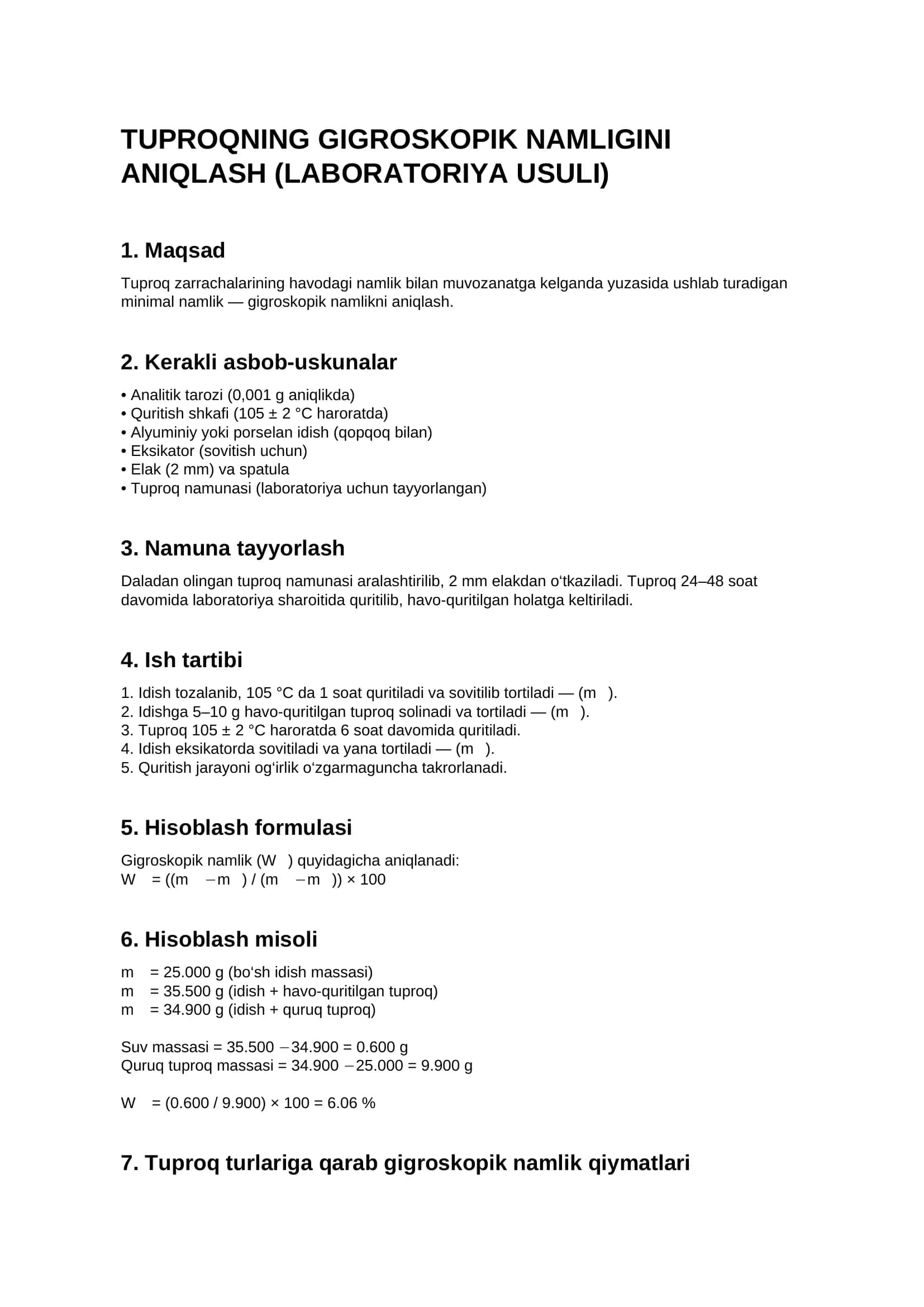 Tuproqning gigroskopik namligini aniqlash laboratoriya sharoitida aniqlash 1