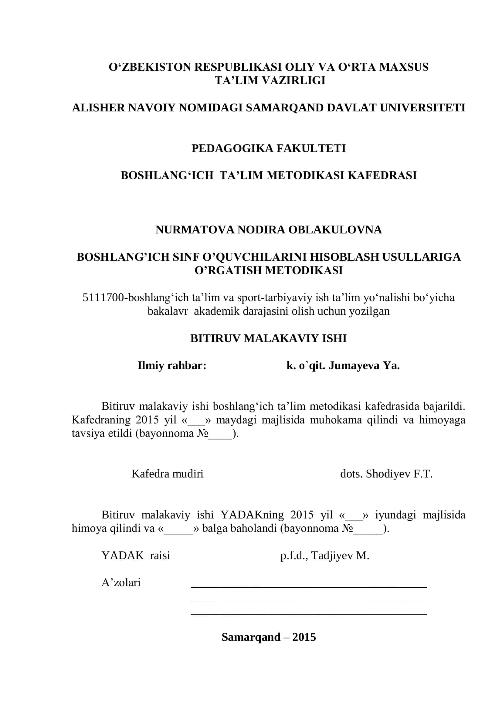BOSHLANG’ICH SINF O’QUVCHILARINI HISOBLASH USULLARIGA O’RGATISH METODIKASI 1