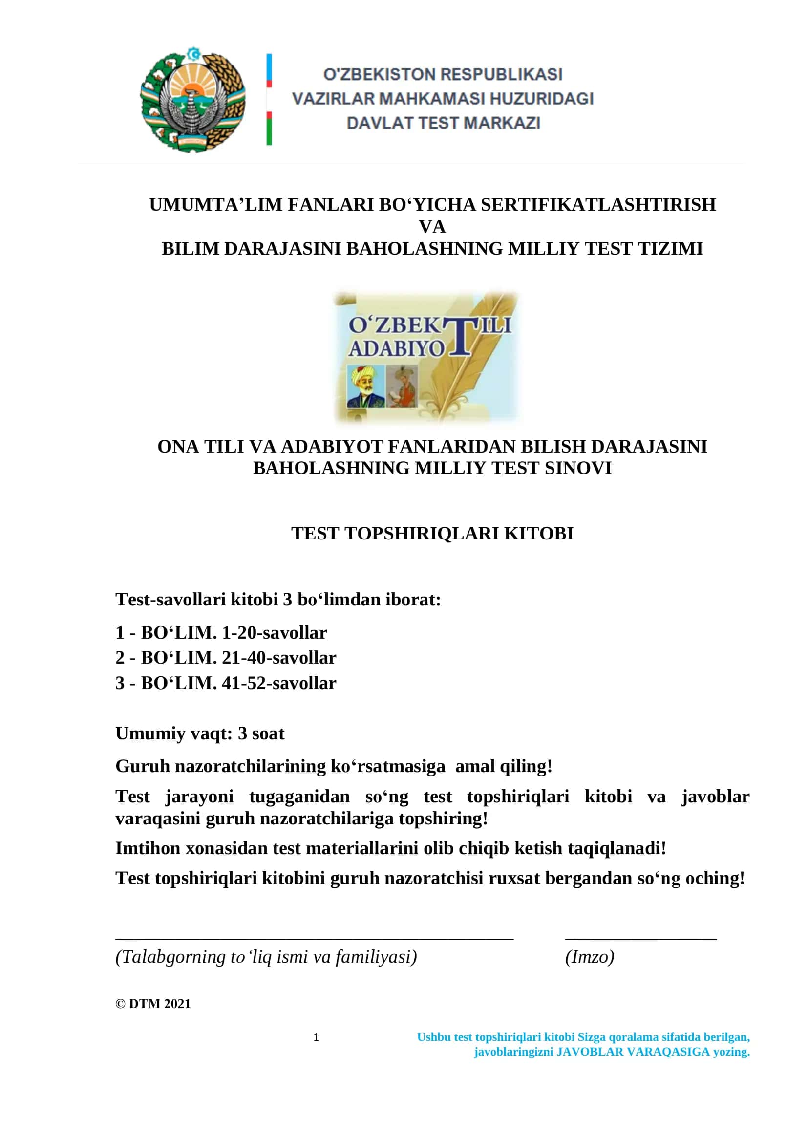 Ona tili Test Topshiriqlari Kitobi 1