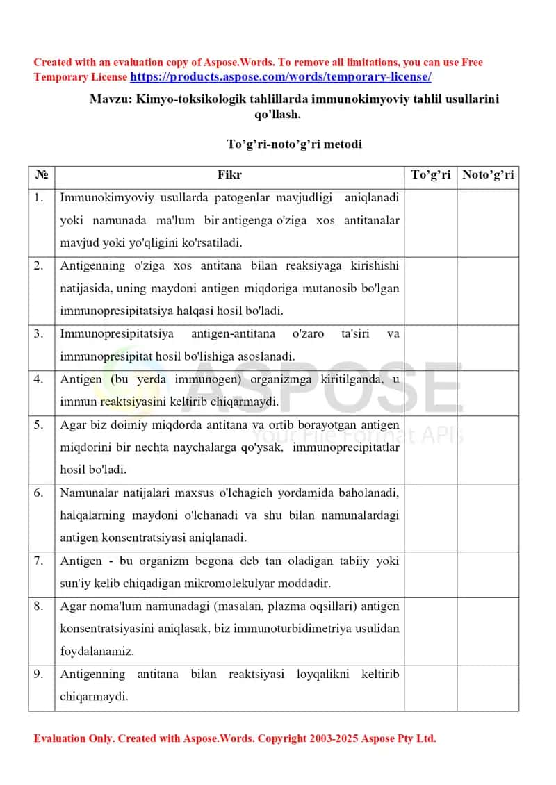 14. Kimyo-toksikologik tahlillarda immunokimyoviy tahlil usullarini qo'llash. To'g'ri-noto'g'ri metodi 1-xil. 1