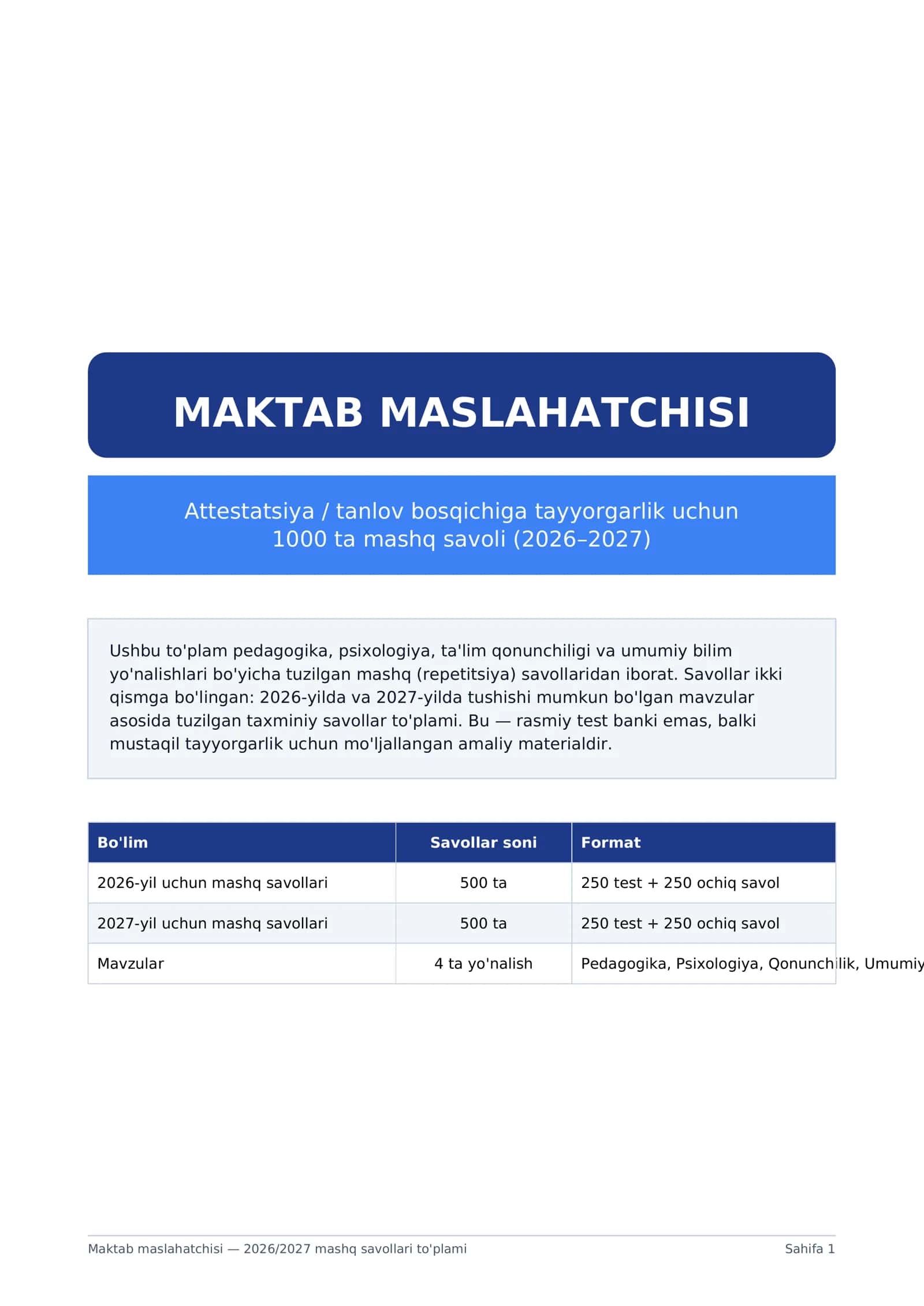 Maktab maslahatchisi — 2026/2027 mashq savollari to'plami 1