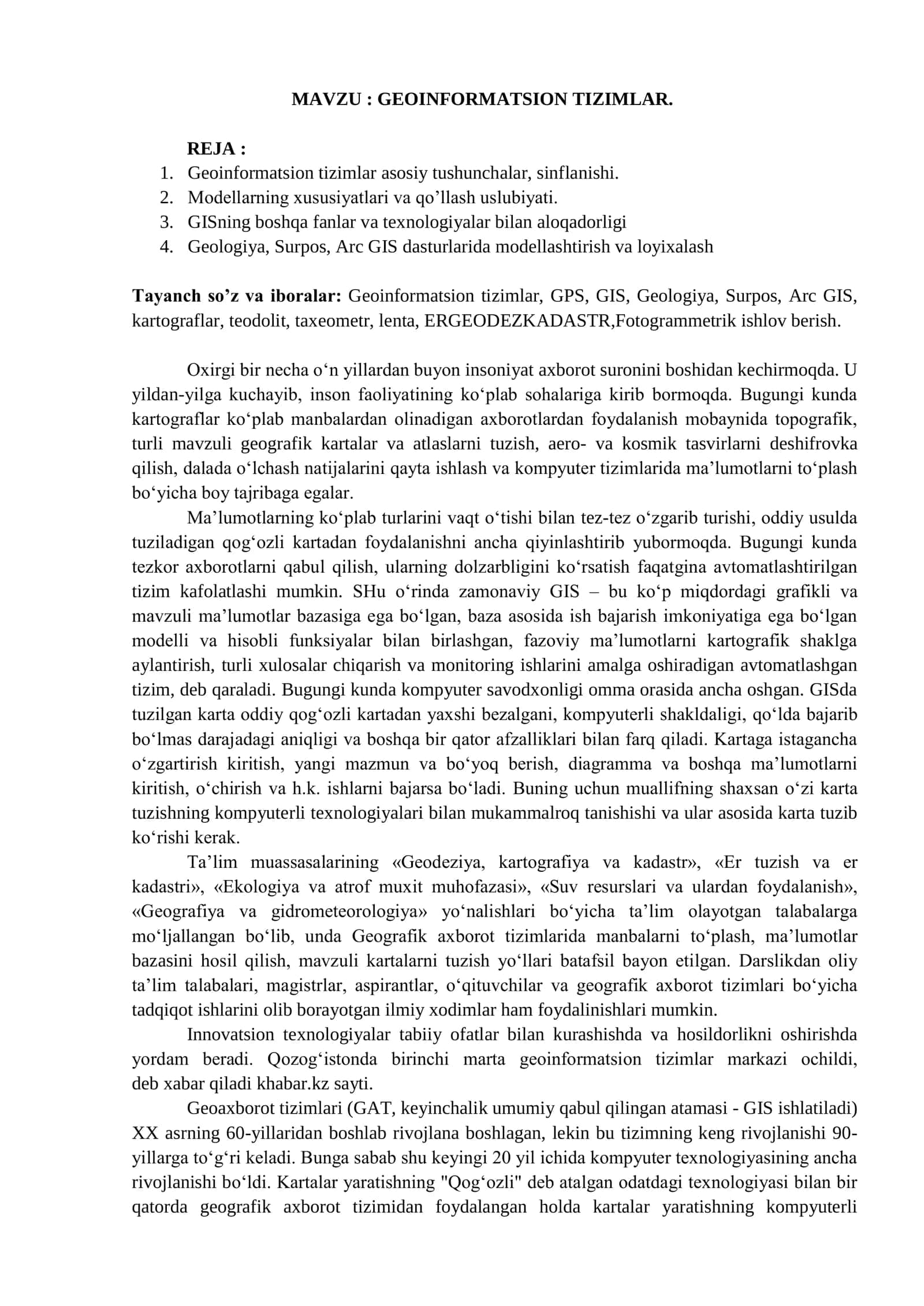 GEOINFORMATSION TIZIMLAR 1