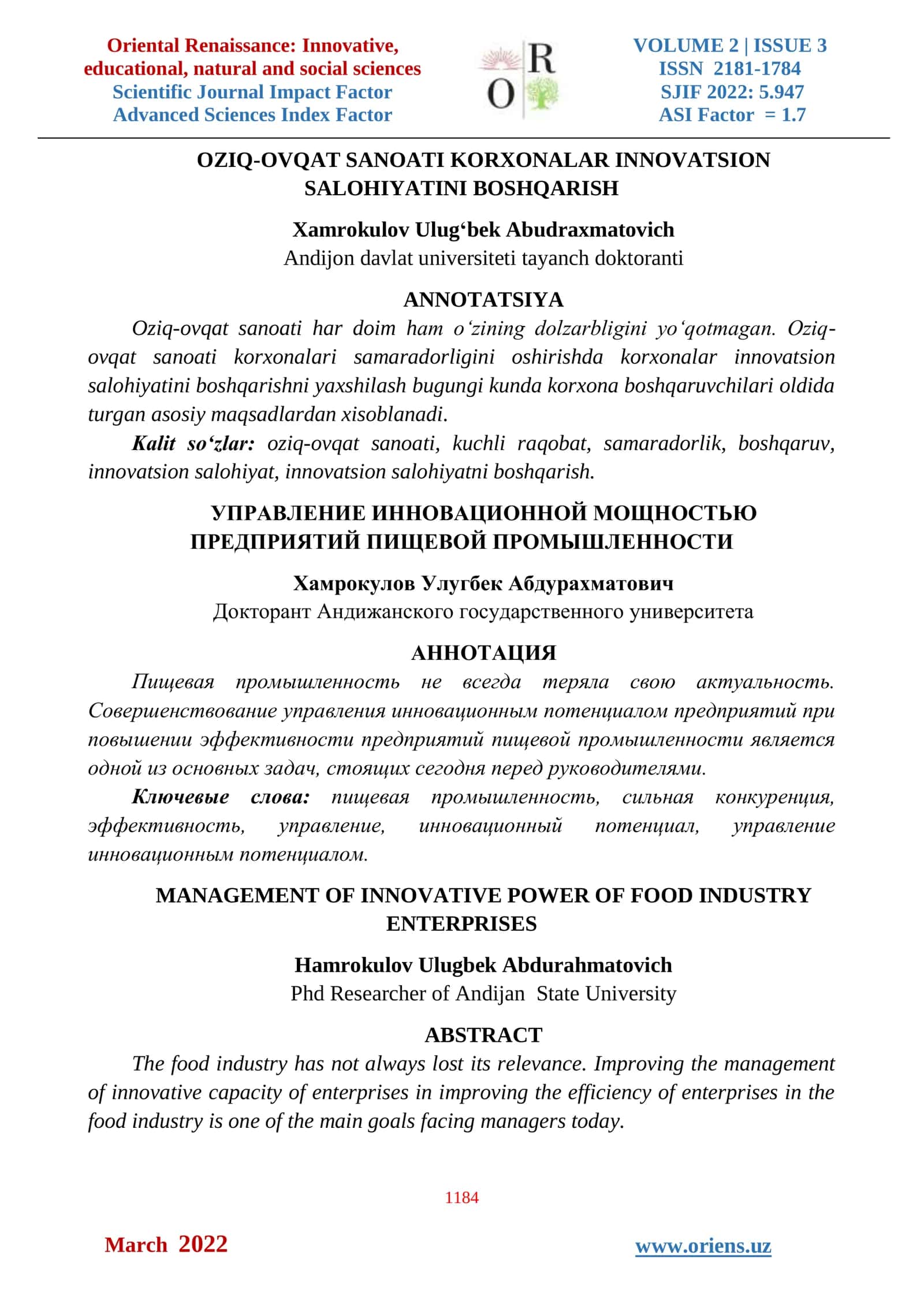 OZIQ-OVQAT SANOATI KORXONALAR INNOVATSION SALOHIYATINI BOSHQARISH 1