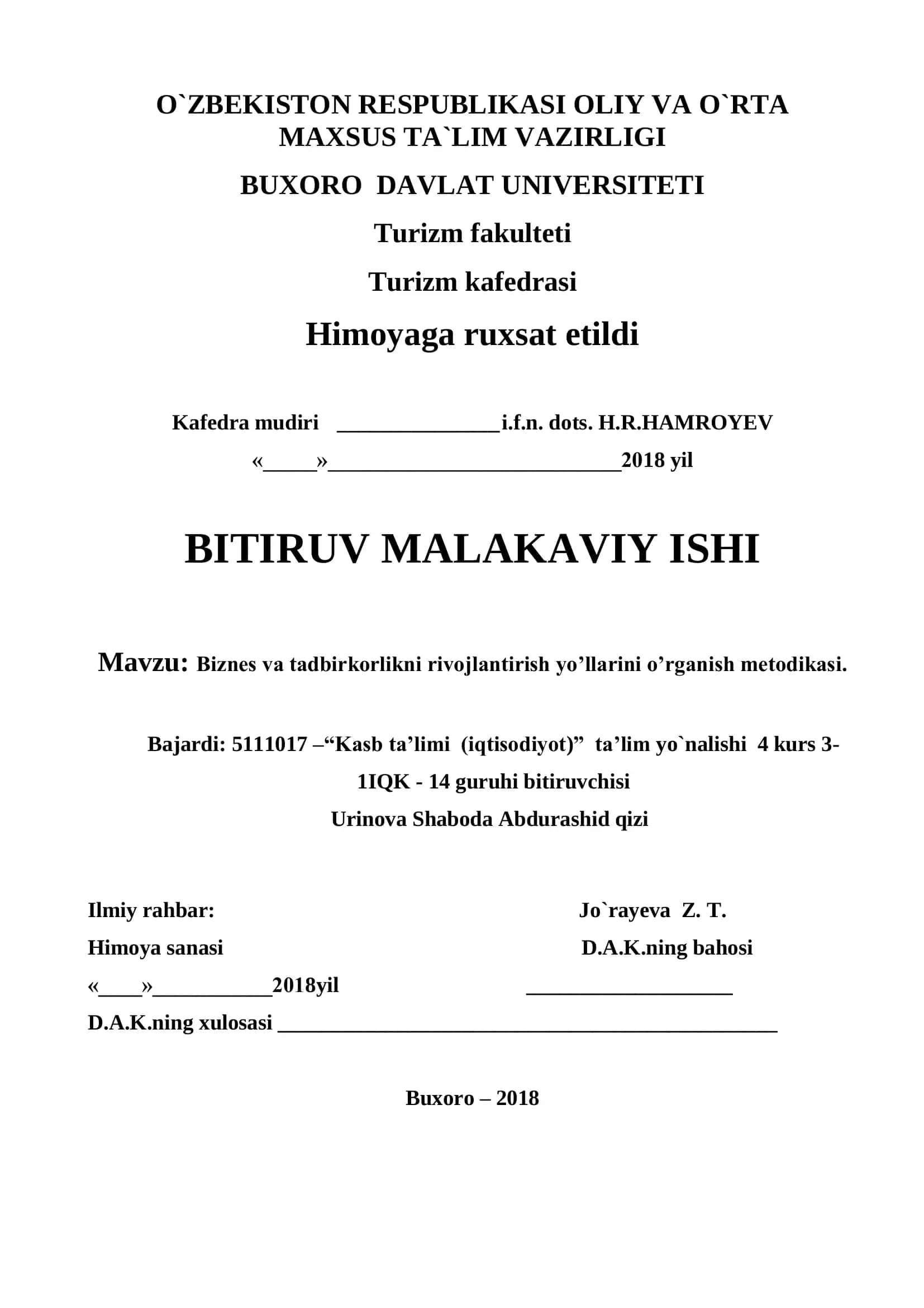 Biznes va tadbirkorlikni rivojlantirish yo’llarini o’rganish metodikasi 1