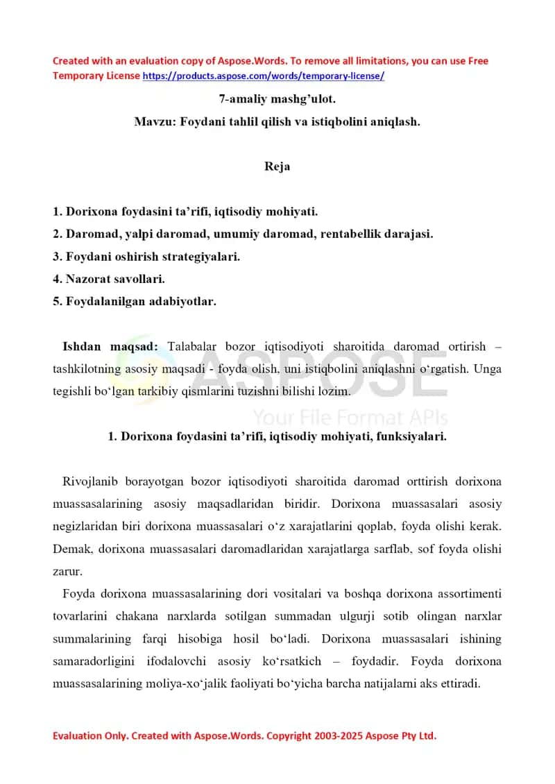 Foydani tahlil qilish va istiqbolini aniqlash. 7-amaliy mashg’ulot.  8 bet. 1