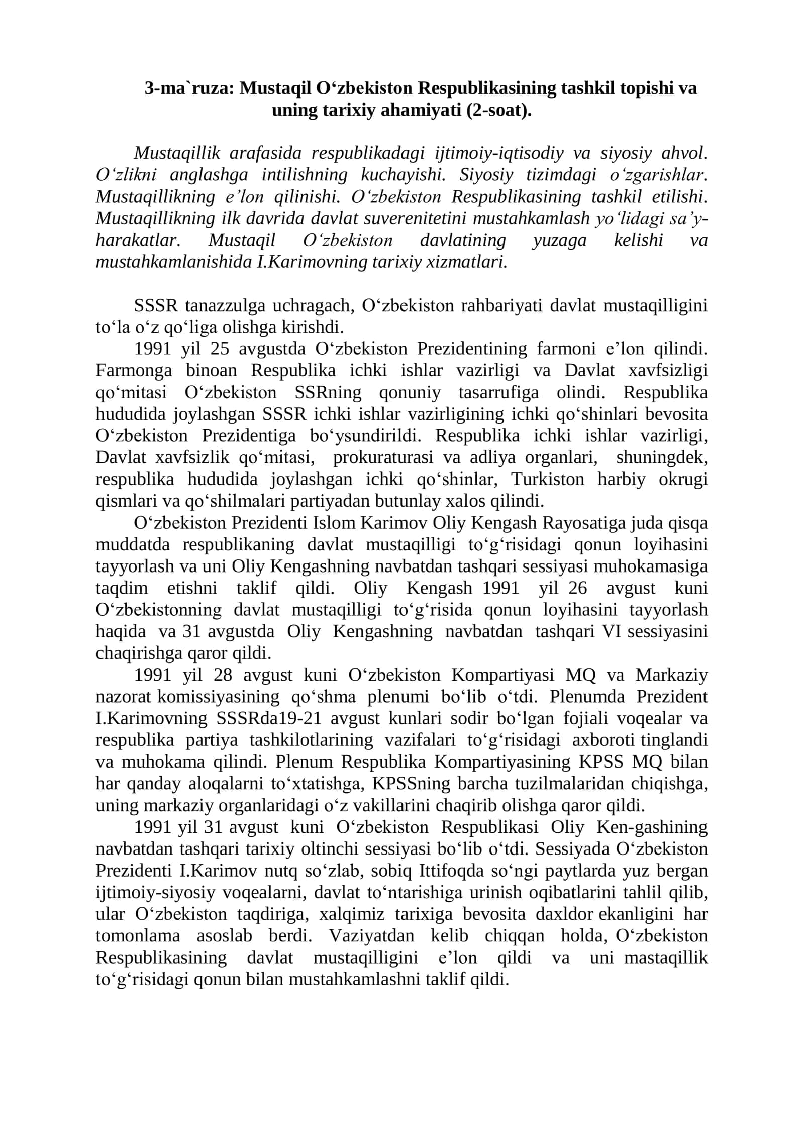 Mustaqil O‘zbekiston Respublikasining Tashkil Topishi va Tarixiy Ahamiyati 1