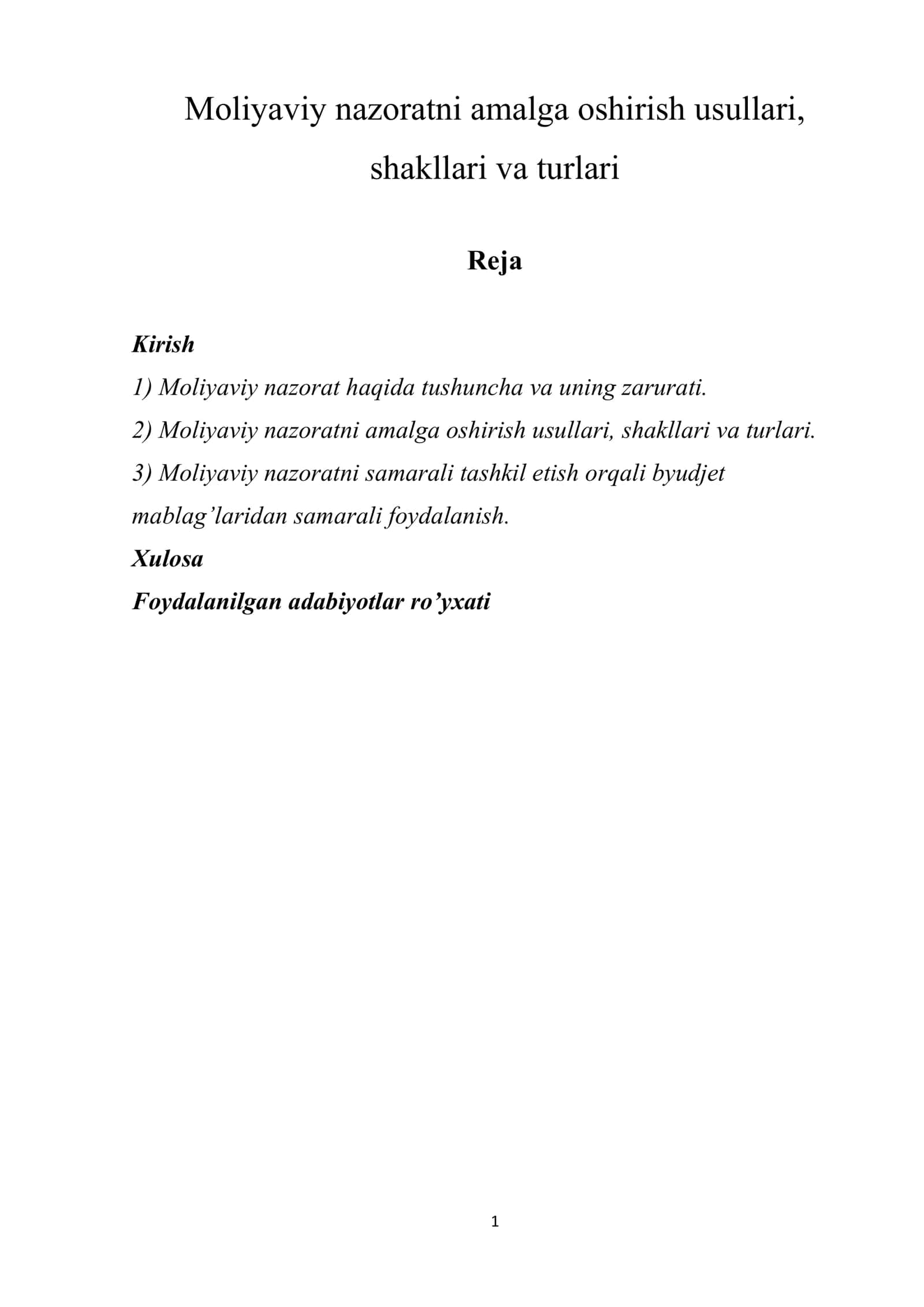 Moliyaviy nazoratni amalga oshirish usullari, shakllari va turlari 1