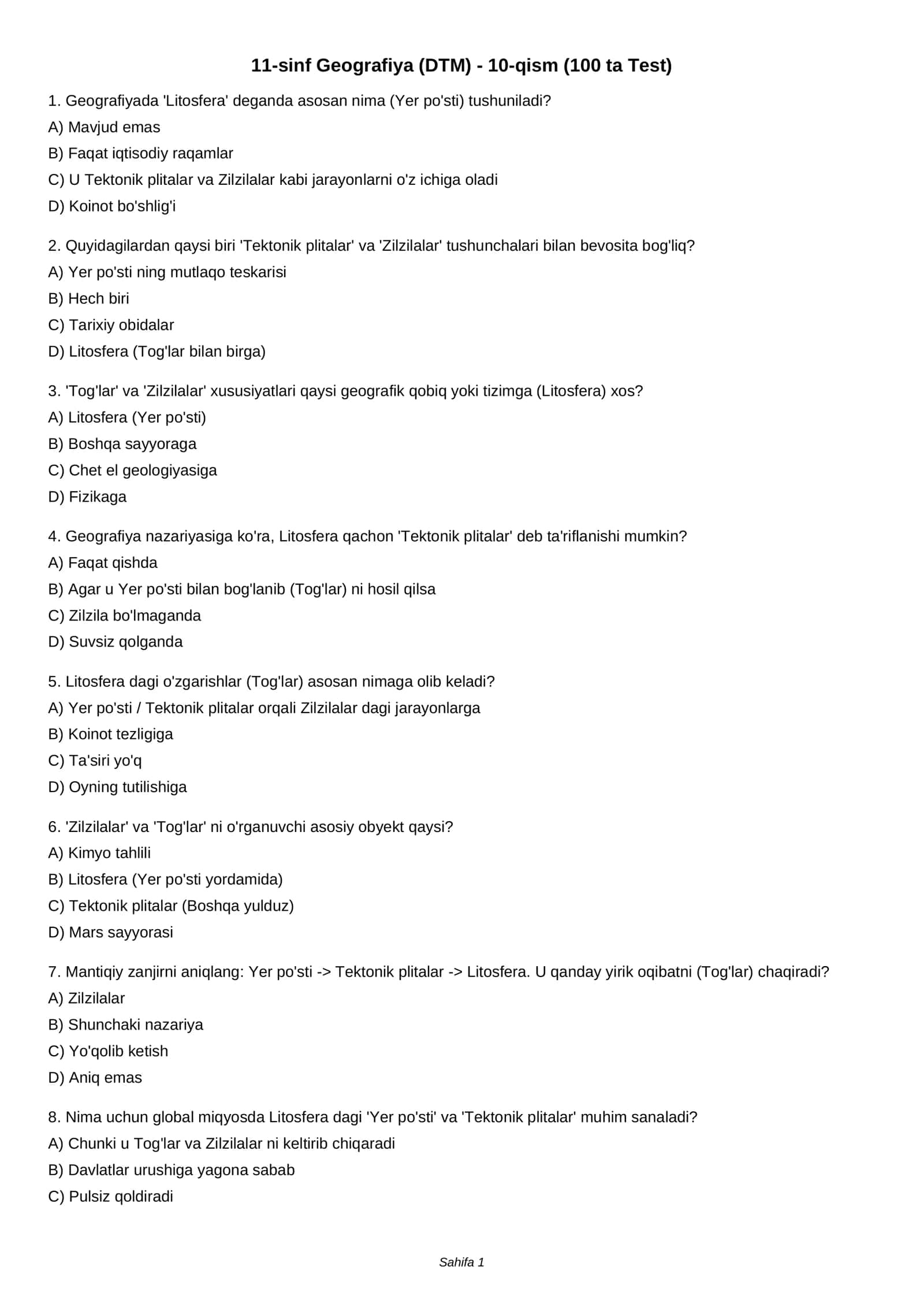 11-sinf Geografiya (DTM) - 10-qism (100 ta Test) 1