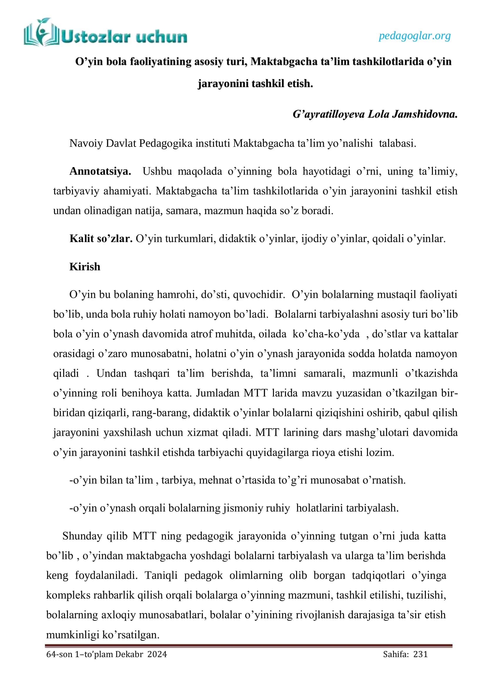 O'yin bola faoliyatining asosiy turi, Maktabgacha ta'lim tashkilotlarida o'yin jarayonini tashkil etish 1