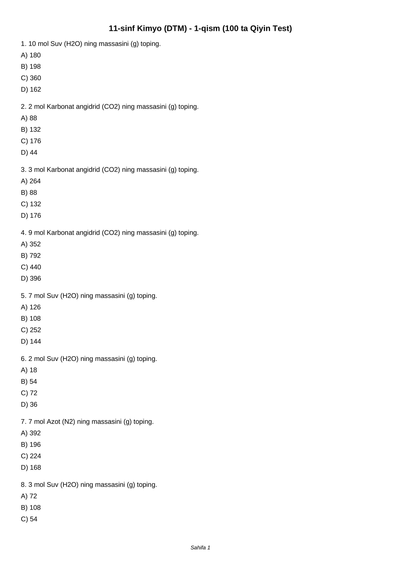 11-sinf Kimyo (DTM) - 1-qism (100 ta Qiyin Test) 1