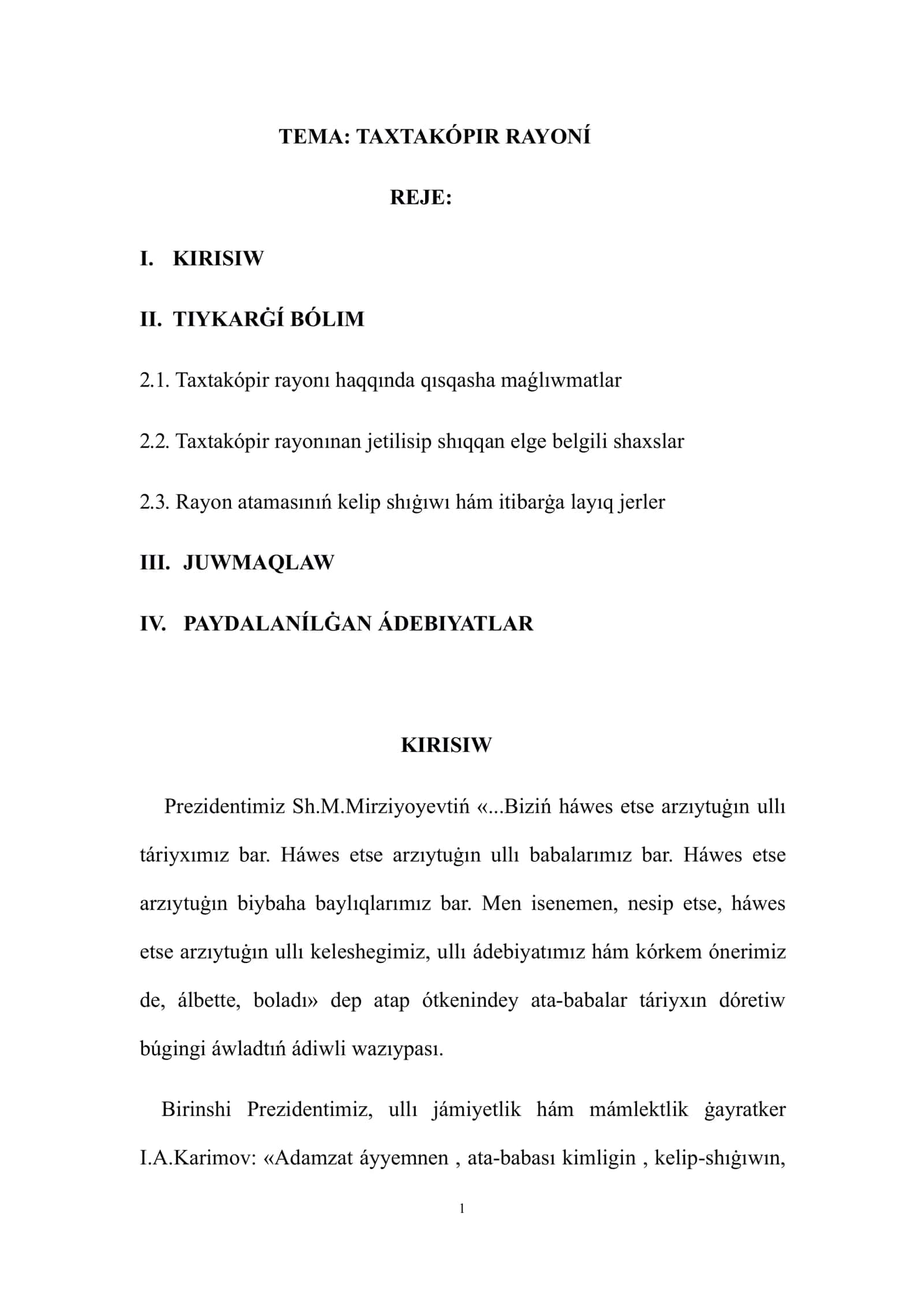 Taxtakópir rayonı - REFERAT 1