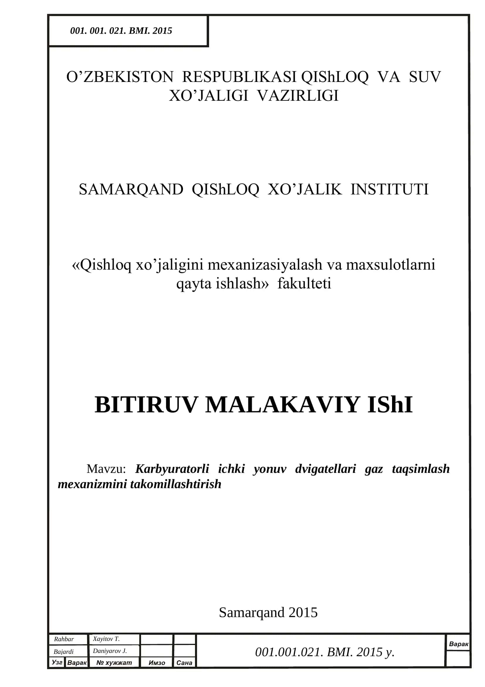 Karbyuratorli ichki yonuv dvigatellari gaz taqsimlash mexanizmini takomillashtirish 1