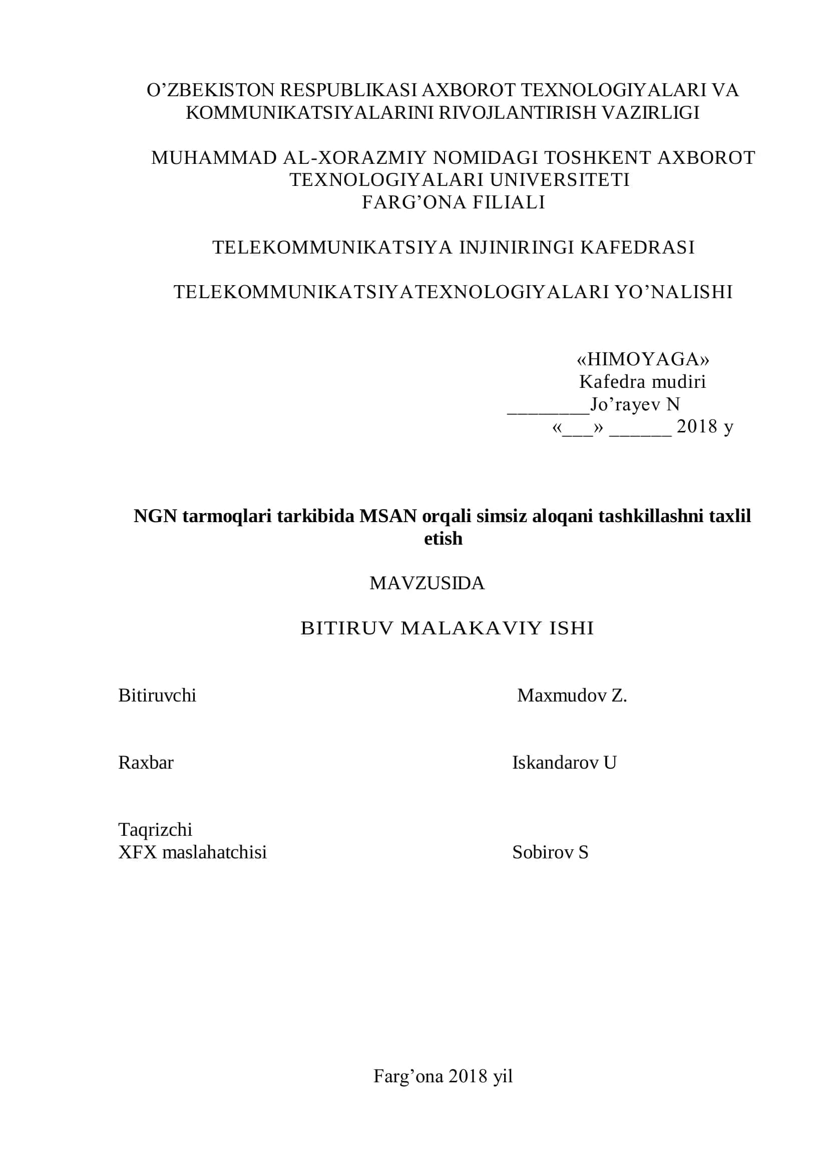 NGN tarmoqlari tarkibida MSAN orqali simsiz aloqani tashkillashni taxlil etish 1