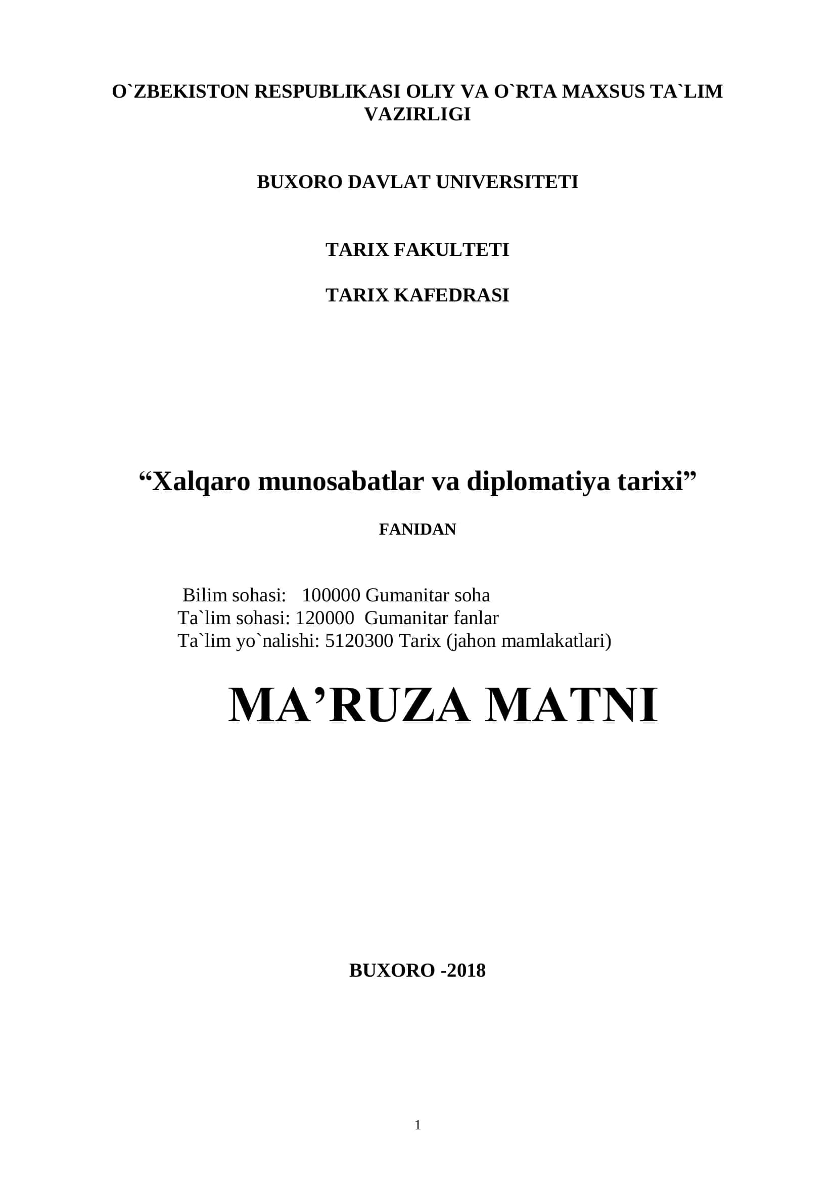 Xalqaro munosabatlar va diplomatiya tarixi 1