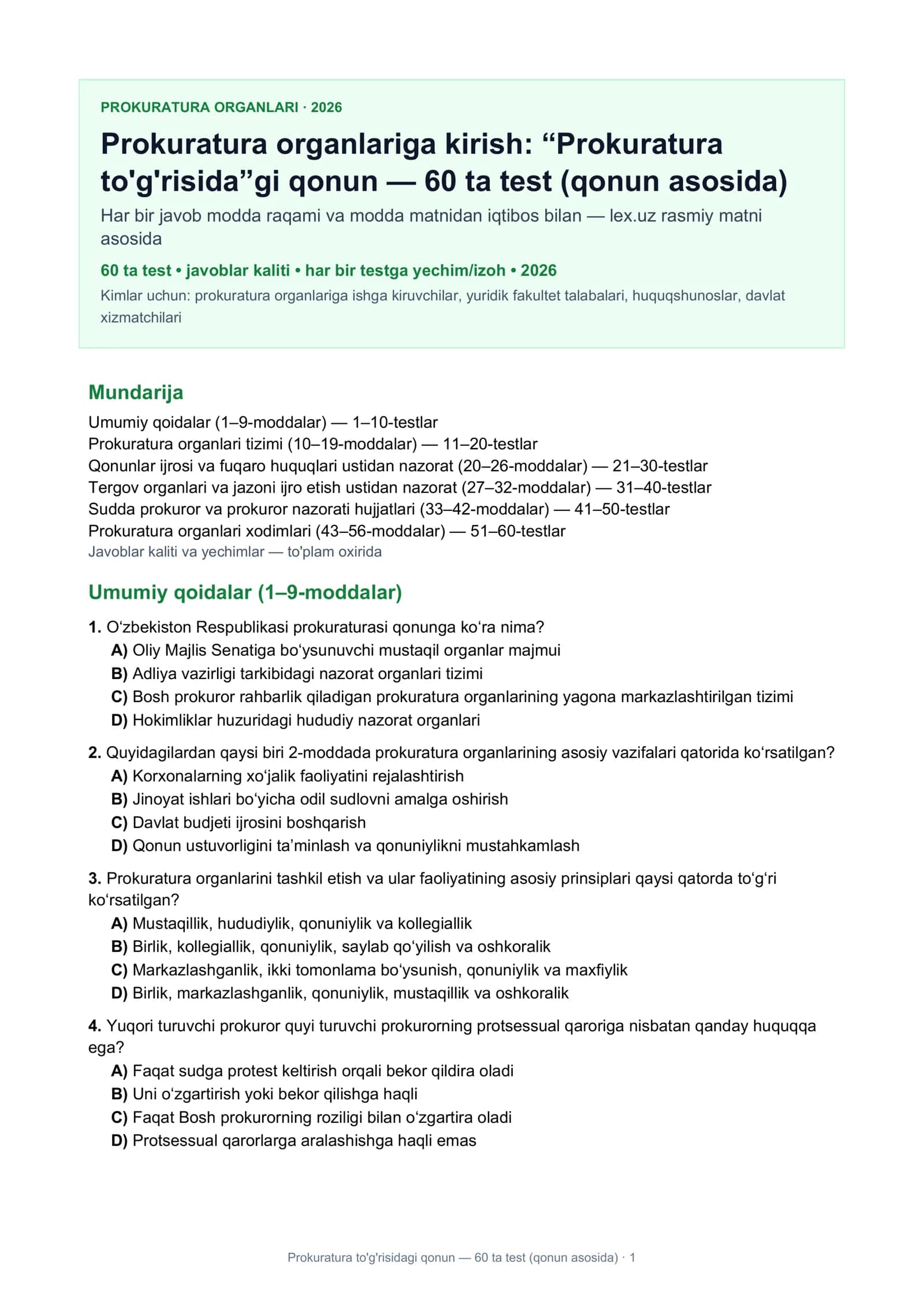 Prokuratura to'g'risidagi qonun — 60 ta test (qonun asosida) 1