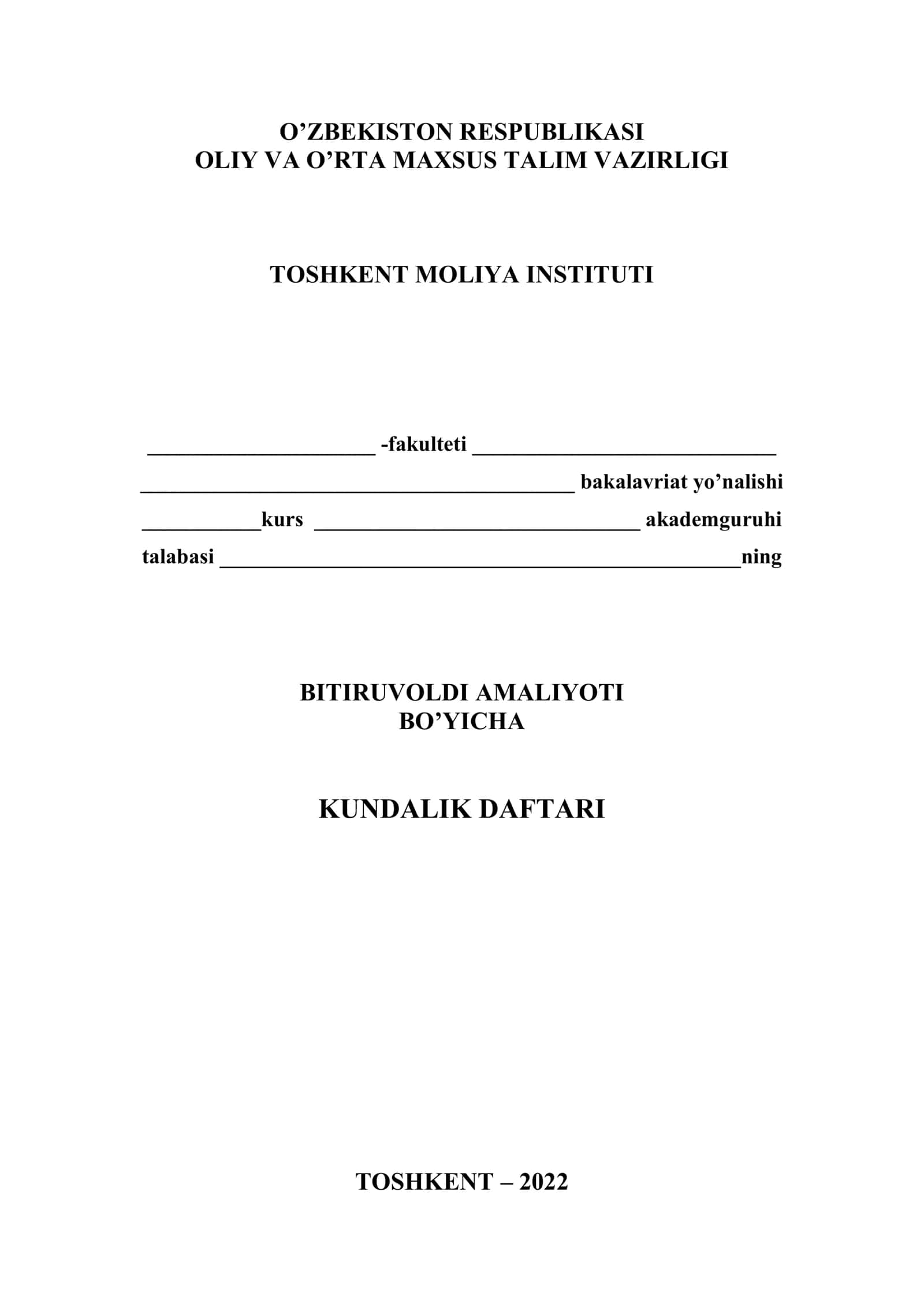 BITIRUVOLDI AMALIYOTI BO’YICHA KUNDALIK DAFTARI 1