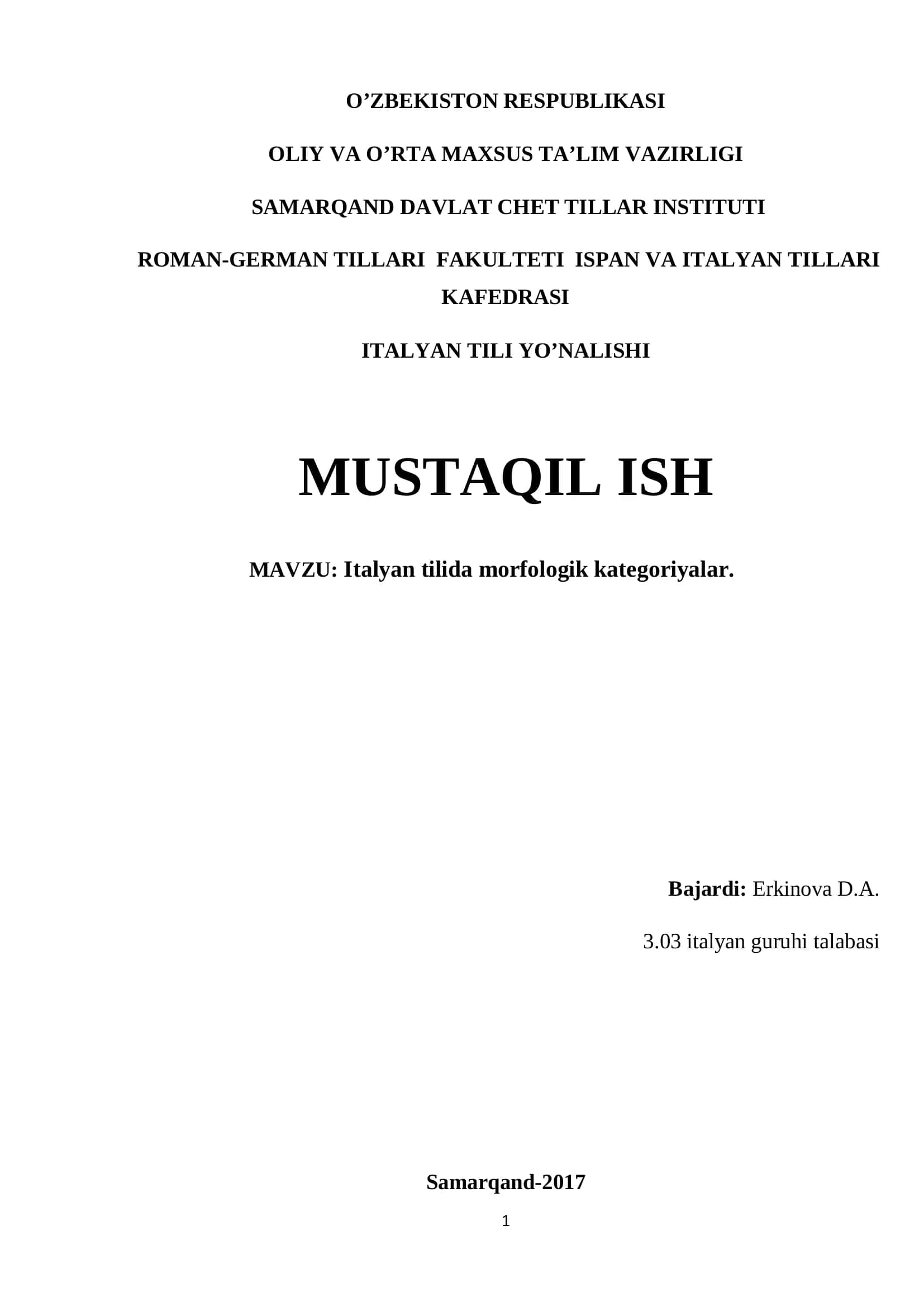 Italyan tilida morfologik kategoriyalar 1