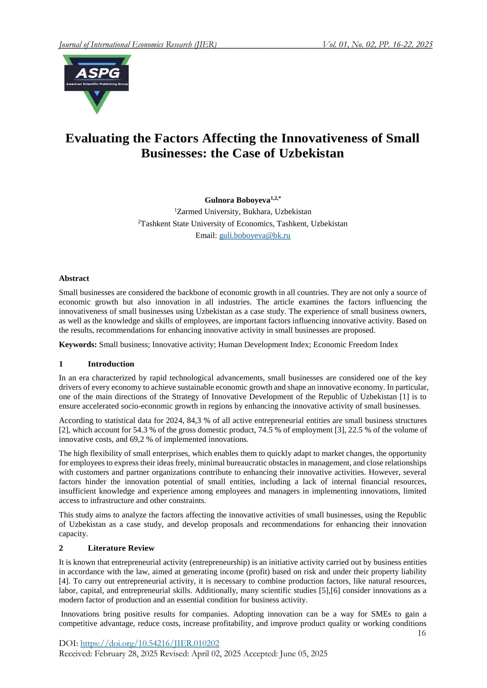 Evaluating the Factors Affecting the Innovativeness of Small  Businesses: the Case of Uzbekistan 1