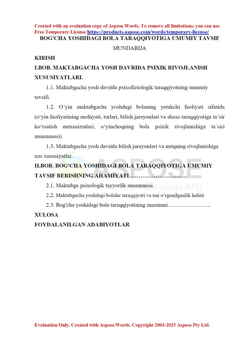 Kurs ishi: Bog‘cha yoshidagi bola taraqqiyotini umumiy tavsif 1
