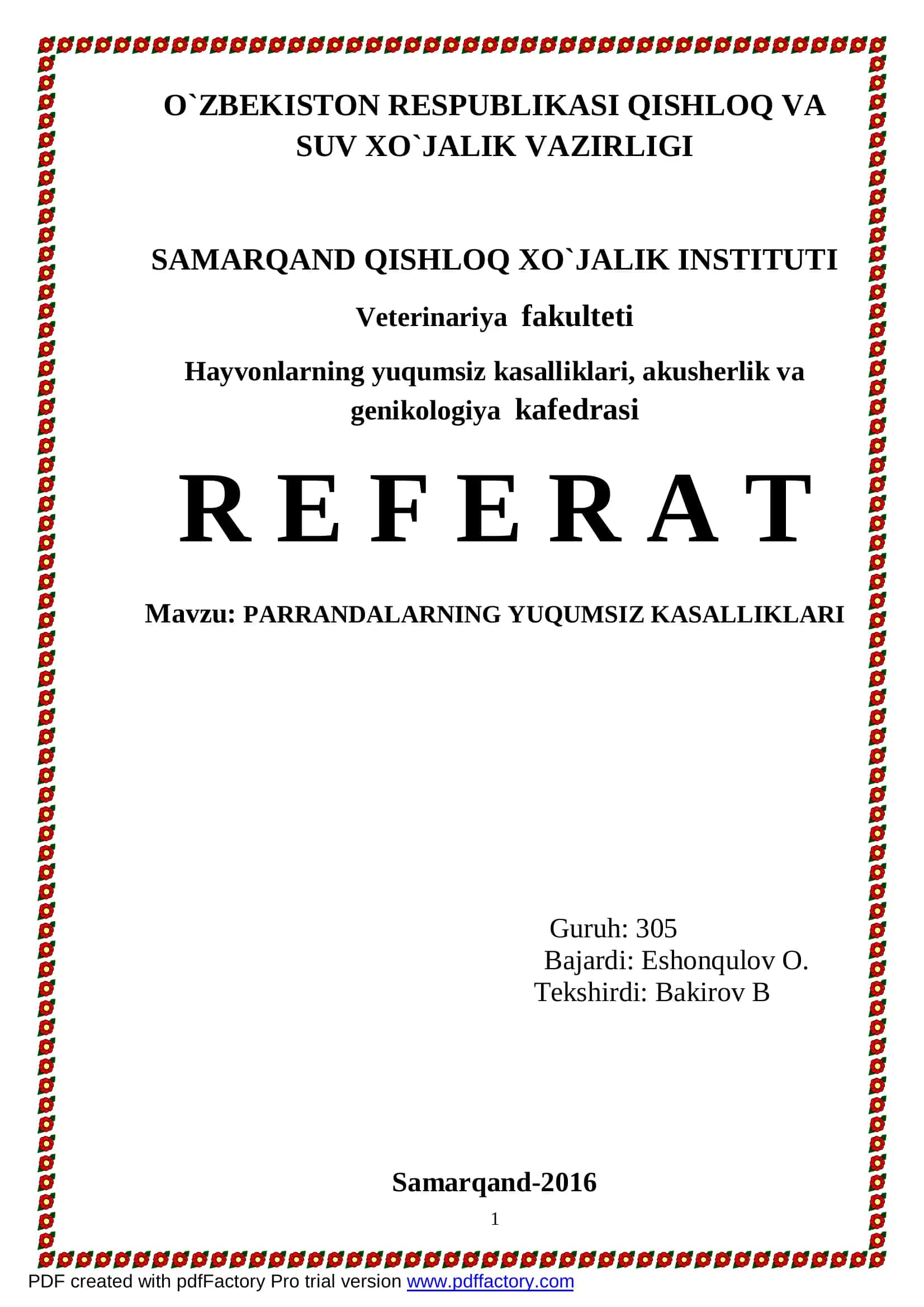 Parrandalarning Yuqumsiz Kasalliklari 1