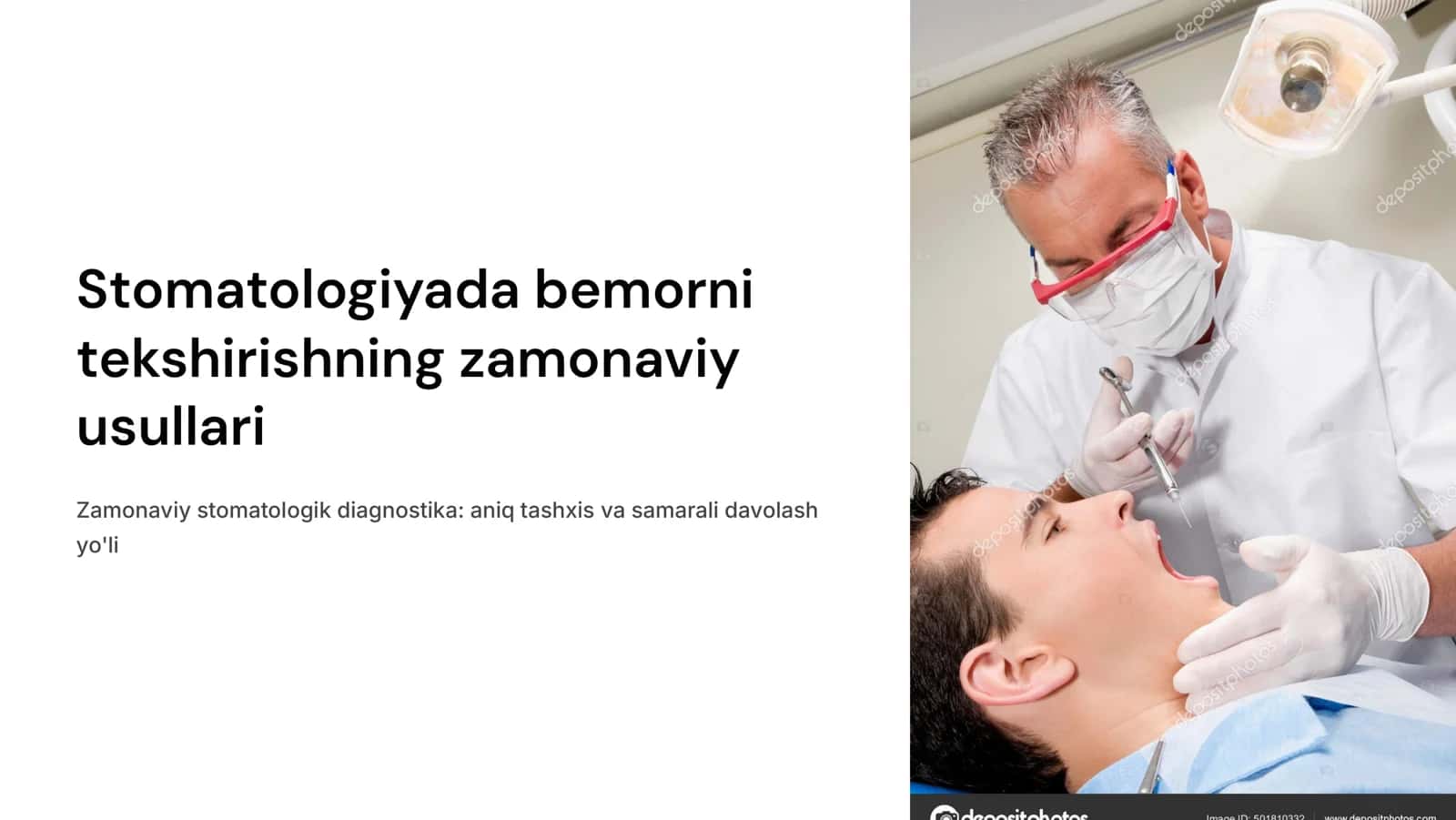 Tekshirishning asosiy va qo‘shimcha usullari. Bemorni tashqi tekshiruvi. Og‘iz bo‘shlig‘ini tekshirish. Apparatura tekshirish usullari (termometriya, densitometriya, elektrometriya, galvanometriya, LDF, reografiya, fotopletismografiya, polyarografiya, exoosteometriya, pH-o‘lchash, rentgenografiya va boshqalar). CHaynash bosimi va chaynash samaradorligini aniqlash usullari. CHPJB diagnostikasi usullari. 1
