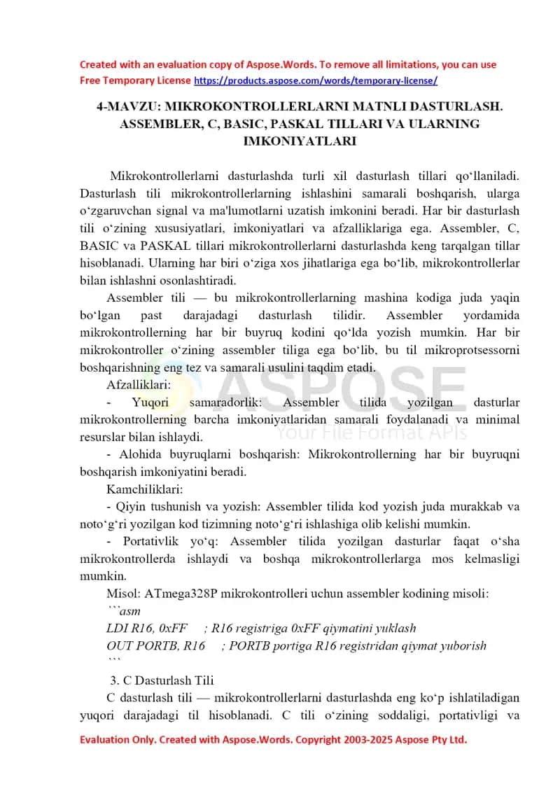 Mikrokontrollerlarni matnli dasturlash: Assembler, C, BASIC va PASKAL tillari va ularning imkoniyatlari 1