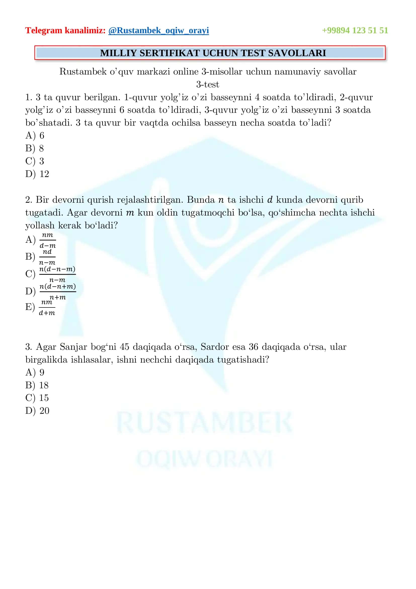 MILLIY SERTIFIKAT UCHUN TEST SAVOLLARI 1