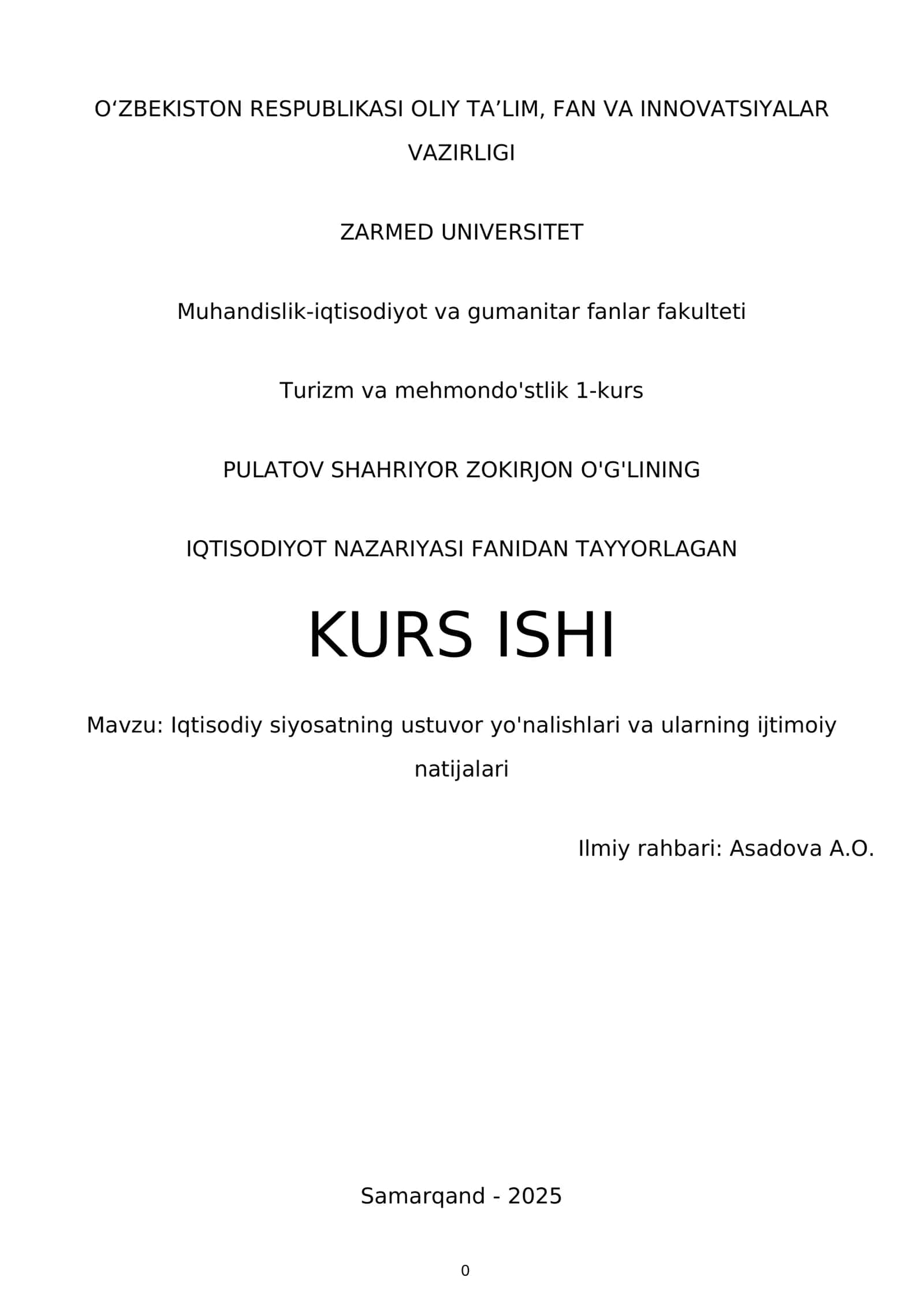 IQTISODIYOT NAZARIYASI FANIDAN TAYYORLAGAN KURS ISHI 1