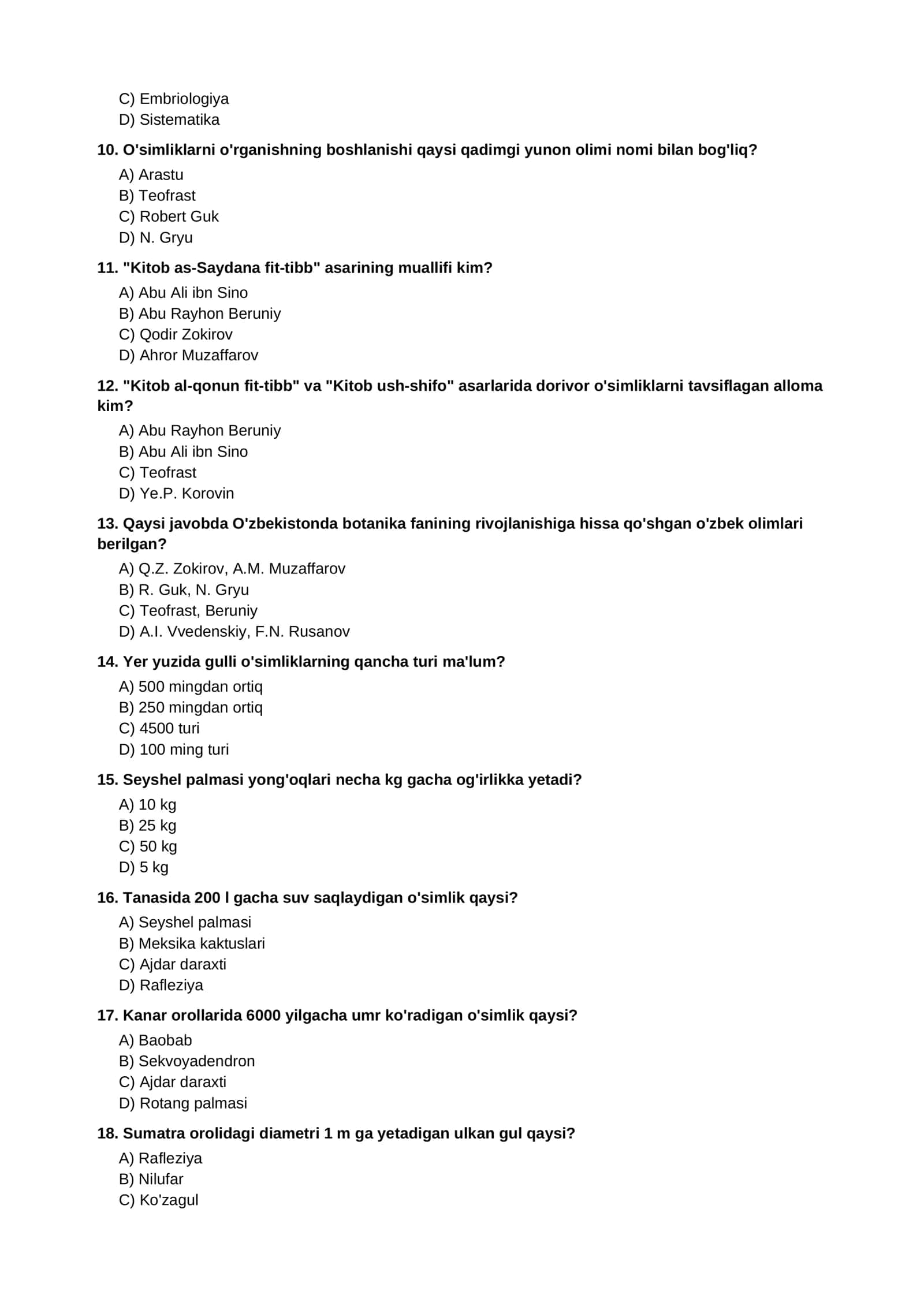 Biologiya (Botanika) 6-sinf — 100 ta test savollari 2