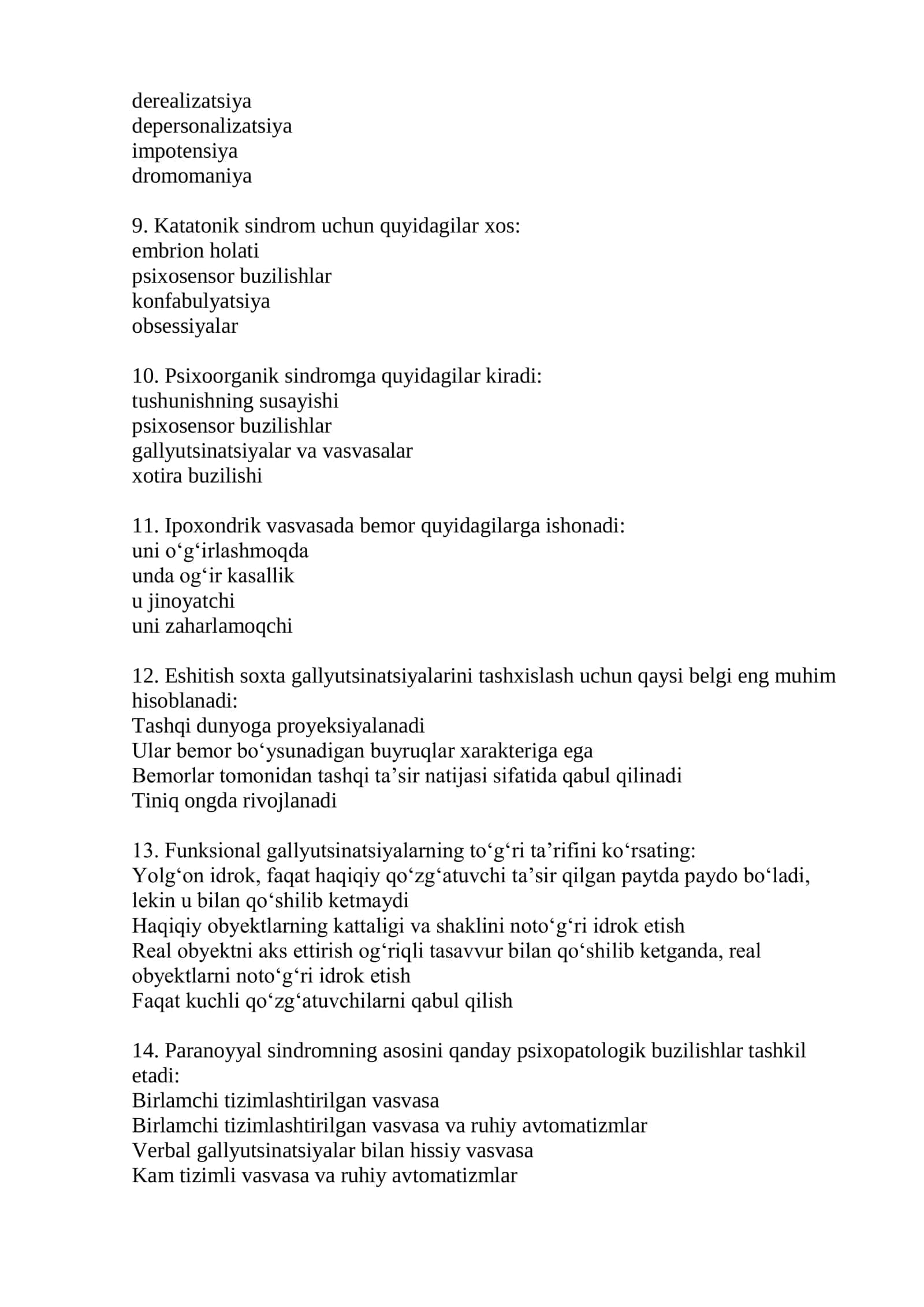 Psixiatriya mutaxassisligi boʻyicha shakllantirilgan test savollari roʻyxati 2026 2