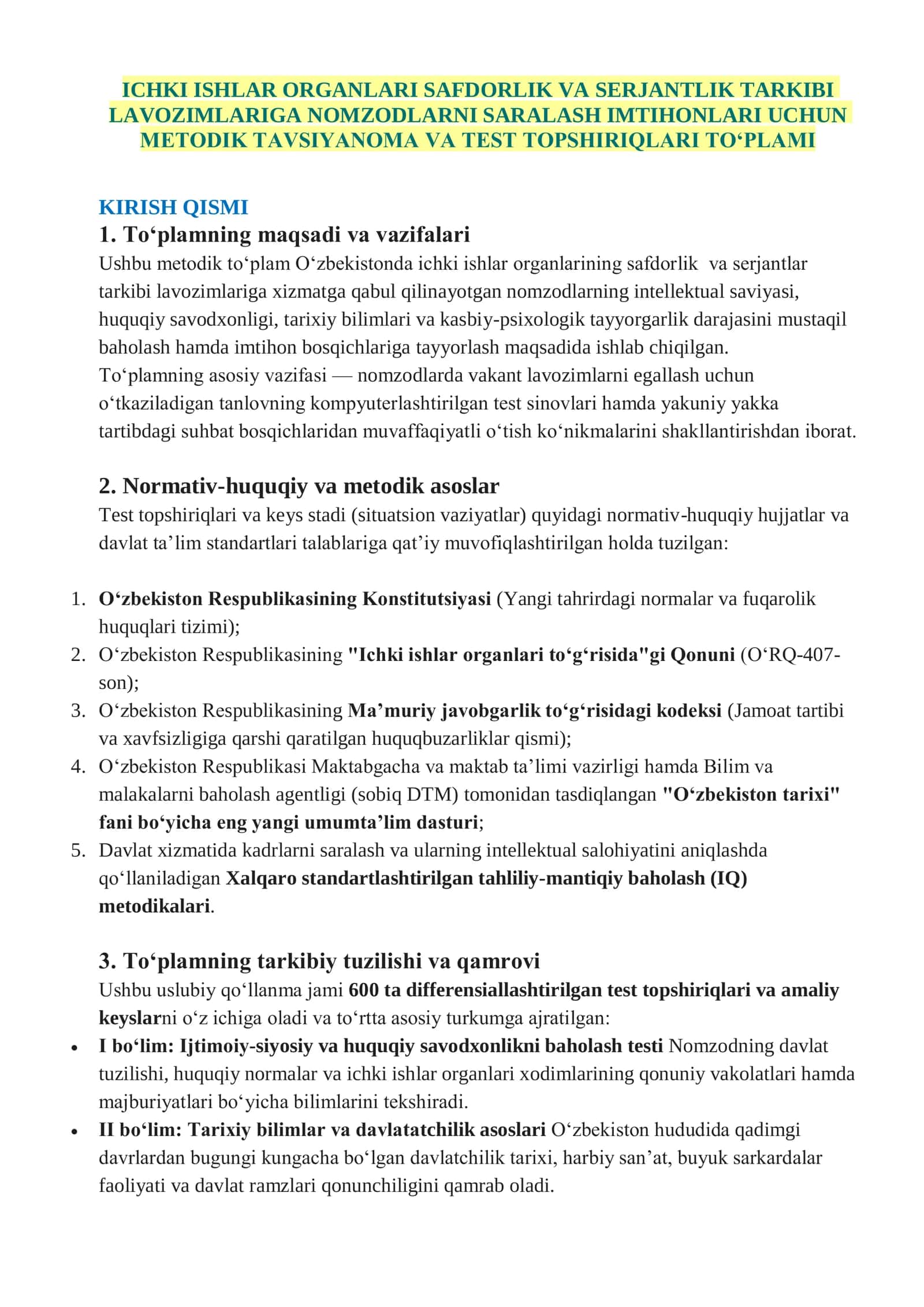 SARALASH IMTIHONI UCHUN METODIK TAVSIYANOMA VA TEST TOPSHIRIQLARI TO`PLAMI 2