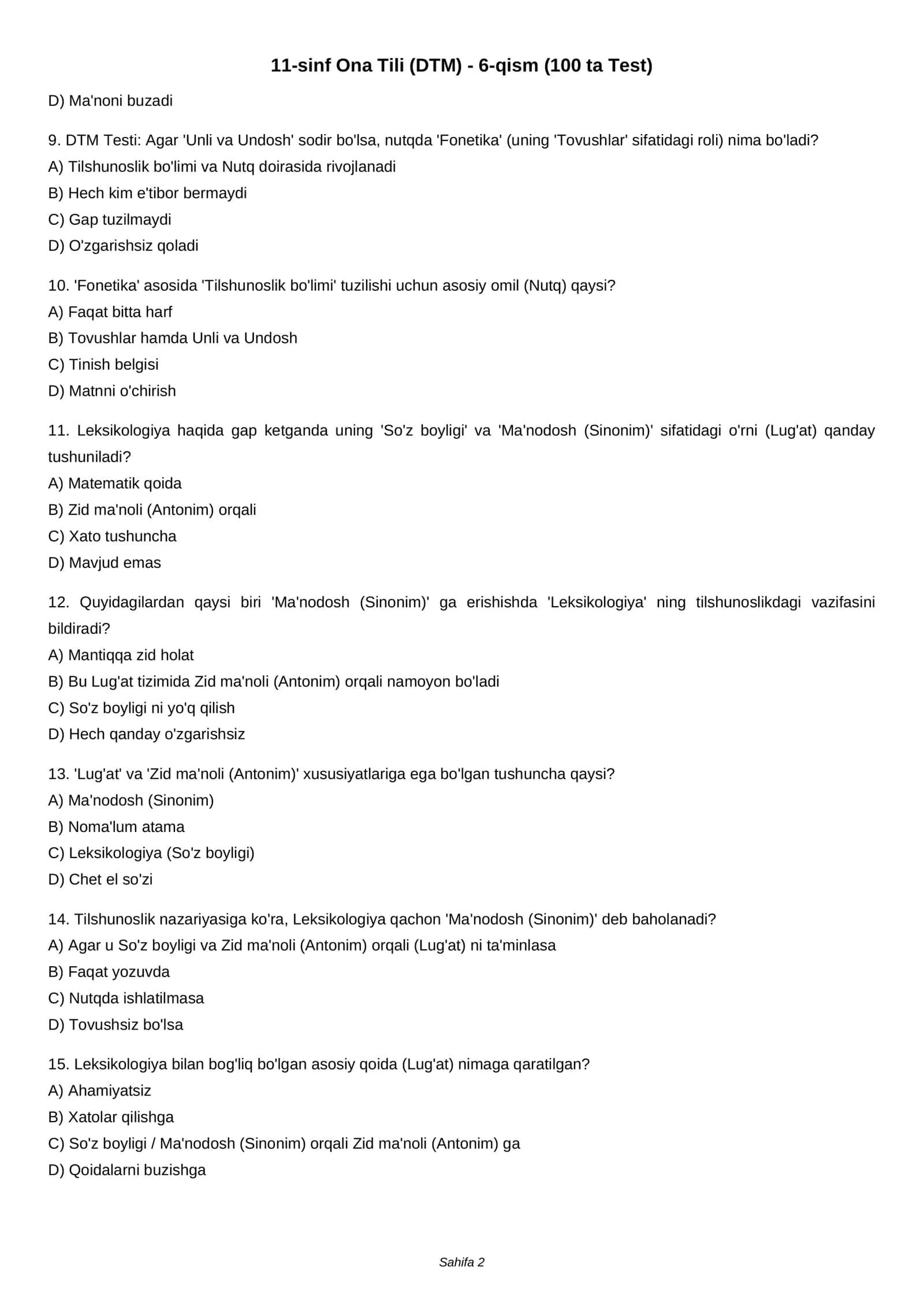 11-sinf Ona Tili (DTM) - 6-qism (100 ta Test) 2