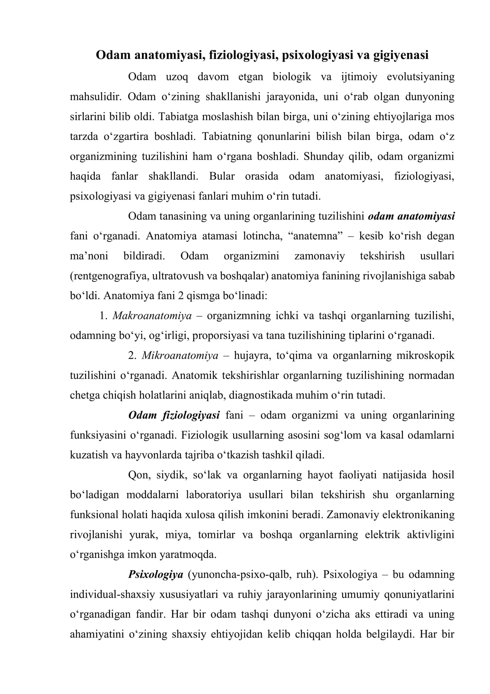 Odam anatomiyasi, fiziologiyasi, psixologiyasi va gigiyenasi 2