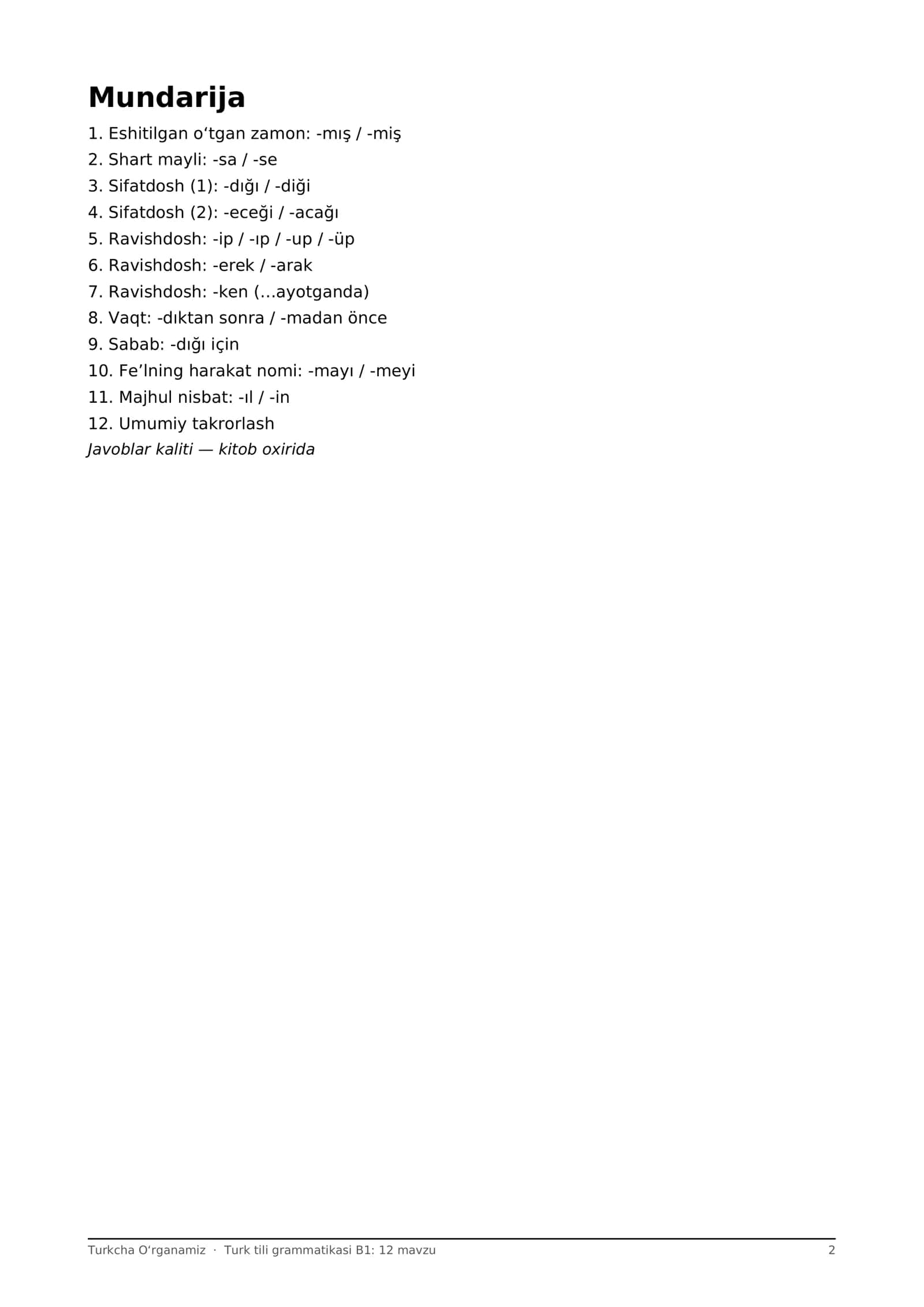 Turk tili grammatikasi B1: 12 mavzu, -miş, shart, sifatdosh, ravishdosh + mashqlar (PDF) 2
