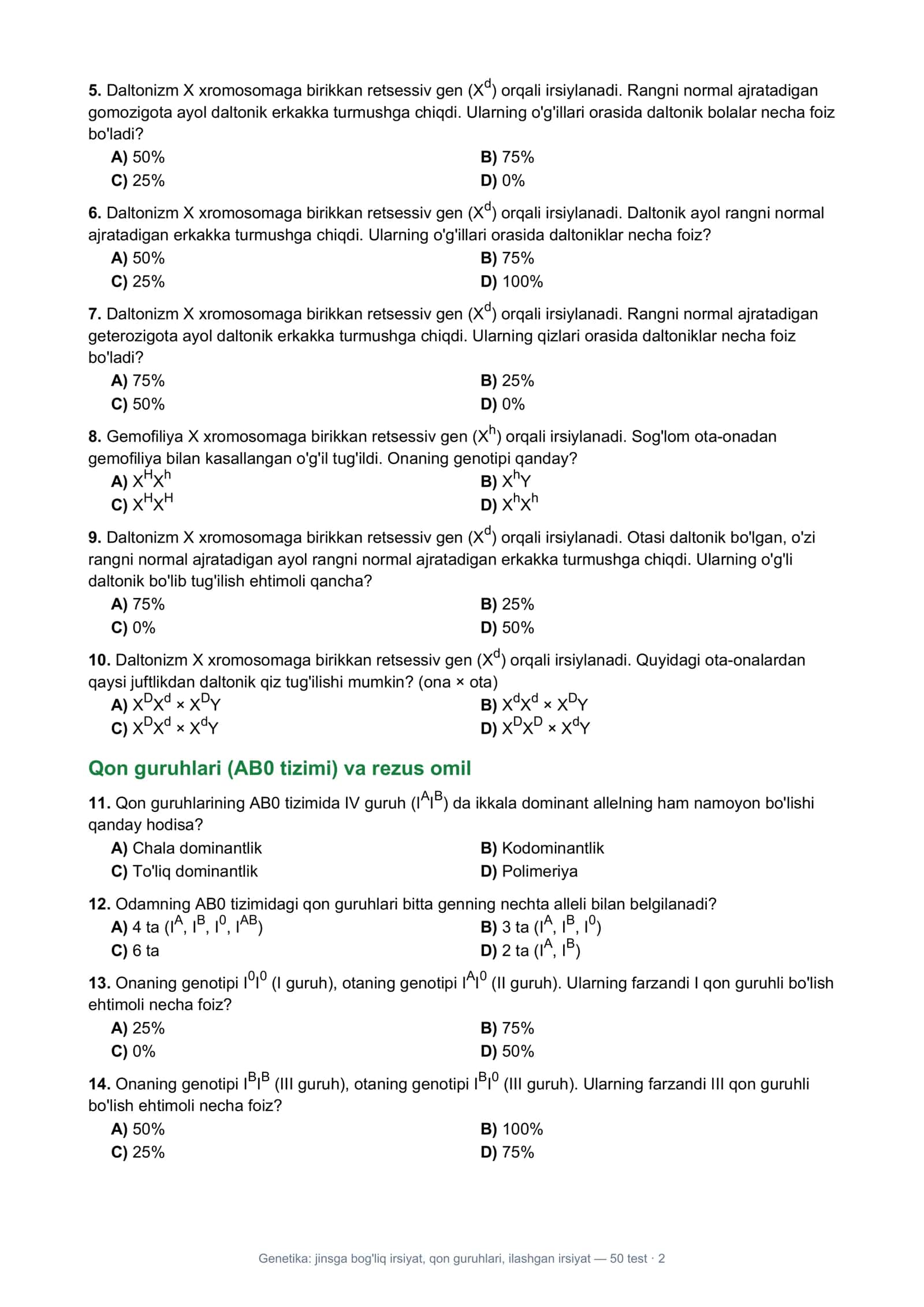 Genetika: Jinsga bog'liq irsiyat, qon guruhlari, ilashgan irsiyat — 50 test · 1 2