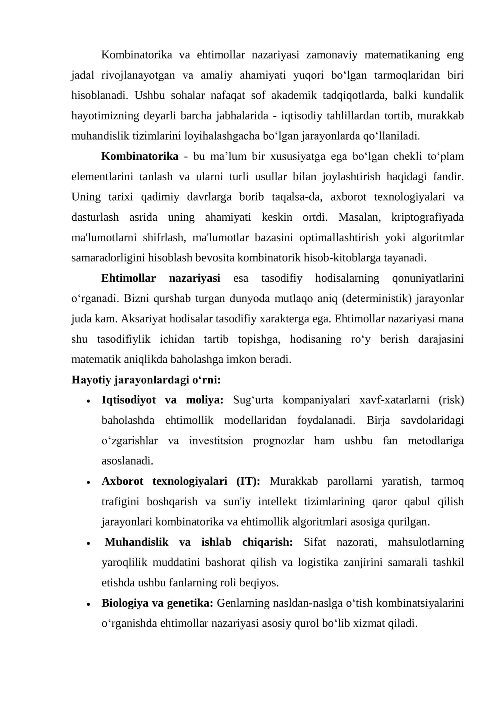 Kombinatorikaning asosiy qoidalari. O‘rinlashtirishlar, o‘rin almashtirishlar, gruppalash. Tasodifiy hodisalar va ehtimolning turli ta'riflari 2
