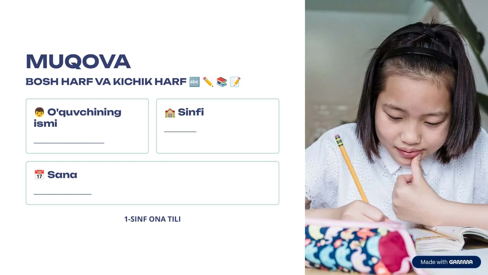 1-sinf Ona tili: Bosh harf va kichik harf — 10 betlik ish daftari 2