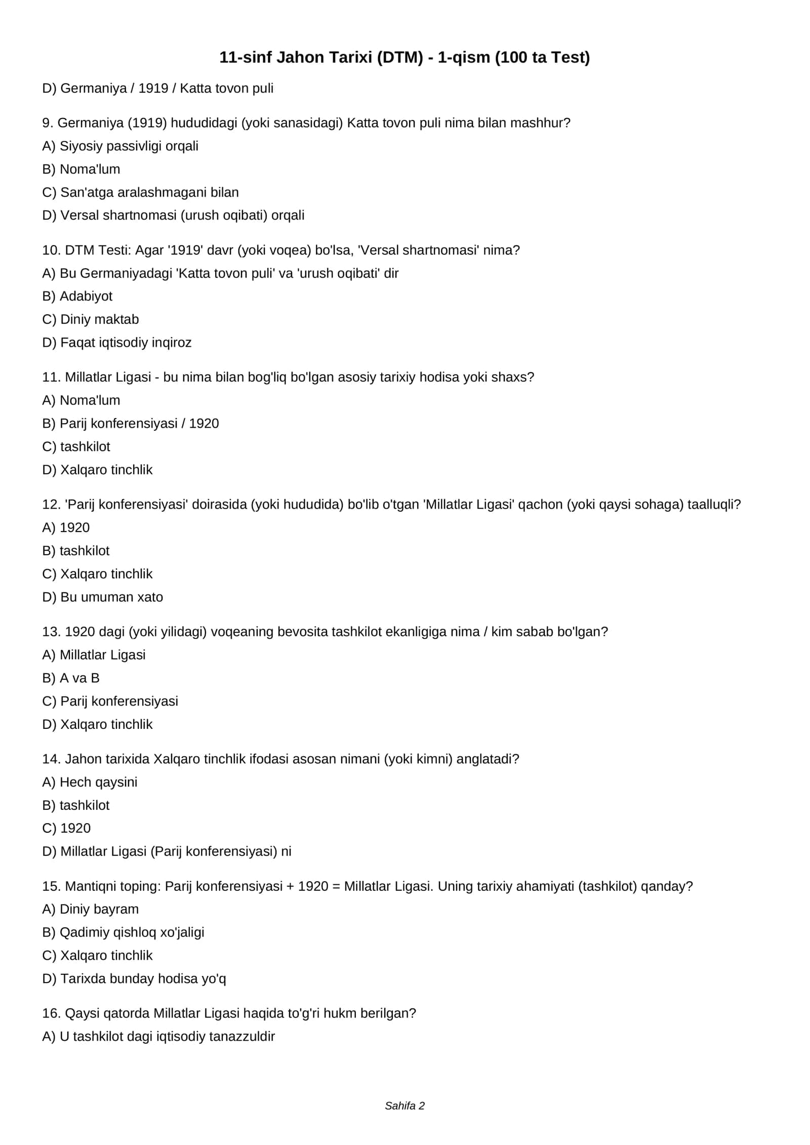 11-sinf Jahon Tarixi (DTM) - 1-qism (100 ta Test) 2