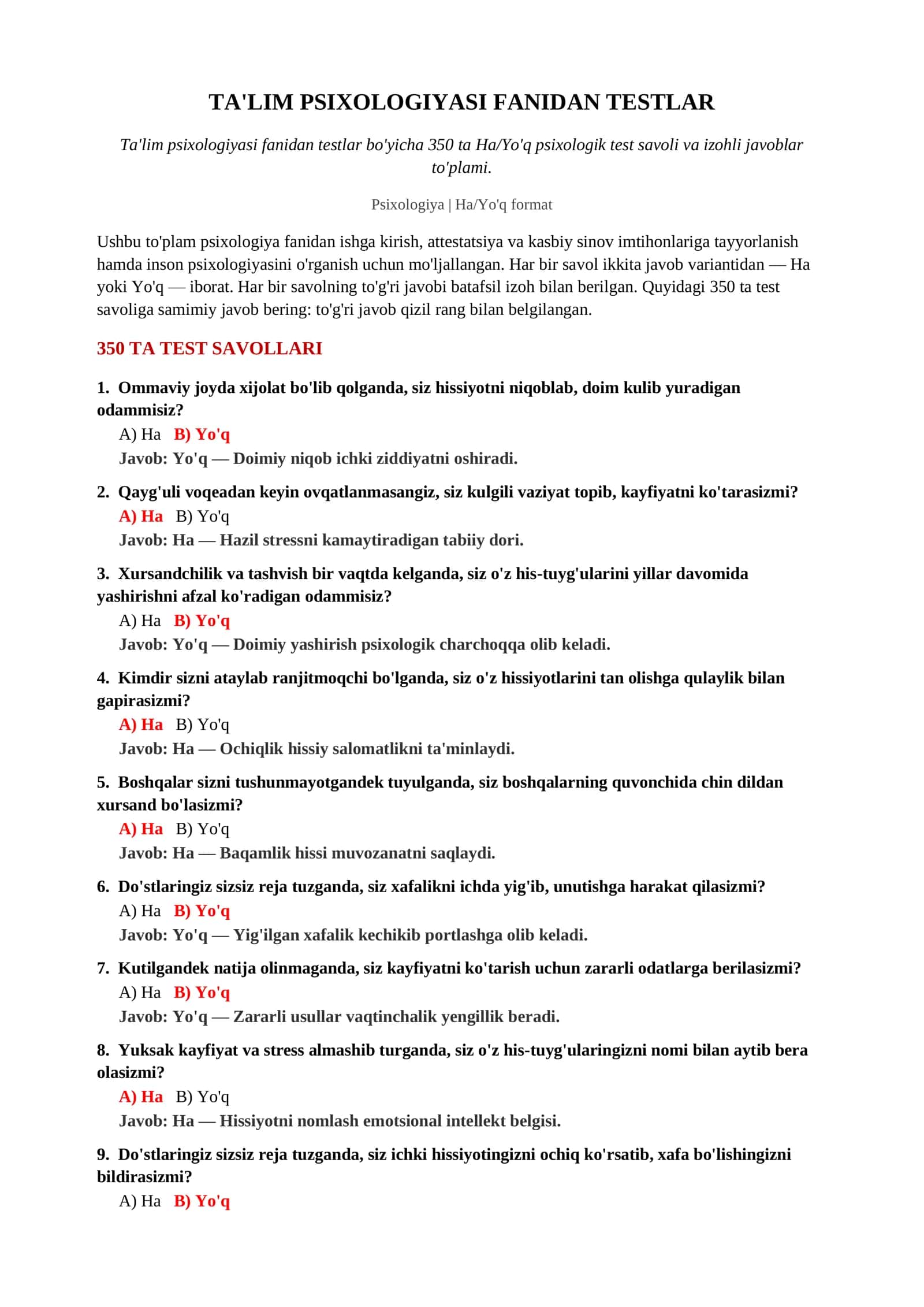 TA'LIM PSIXOLOGIYASI FANIDAN TESTLAR 2