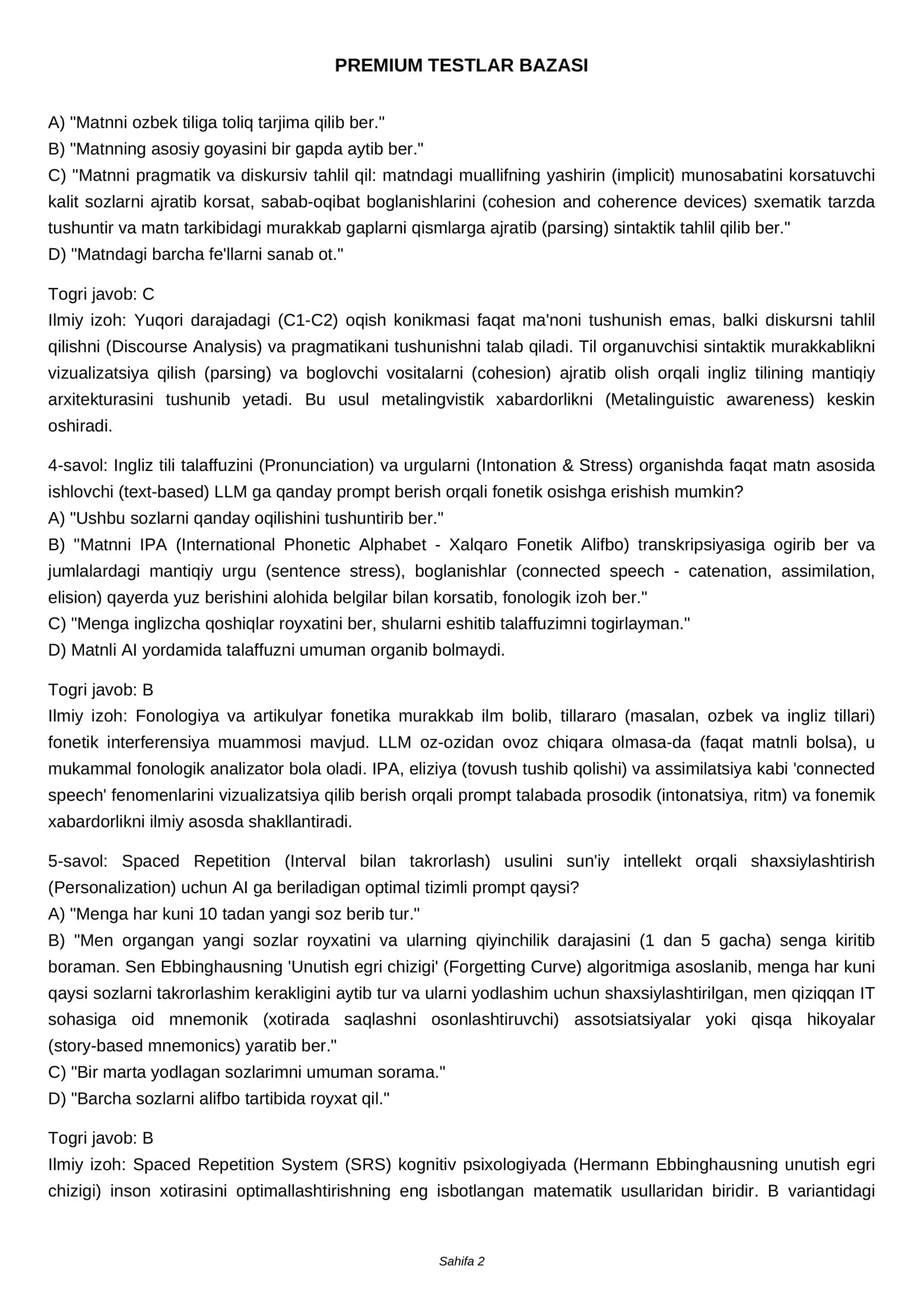 INGLIZ TILINI ORGANISH UCHUN AI PROMPTLAR - PREMIUM TEST BAZASI 2