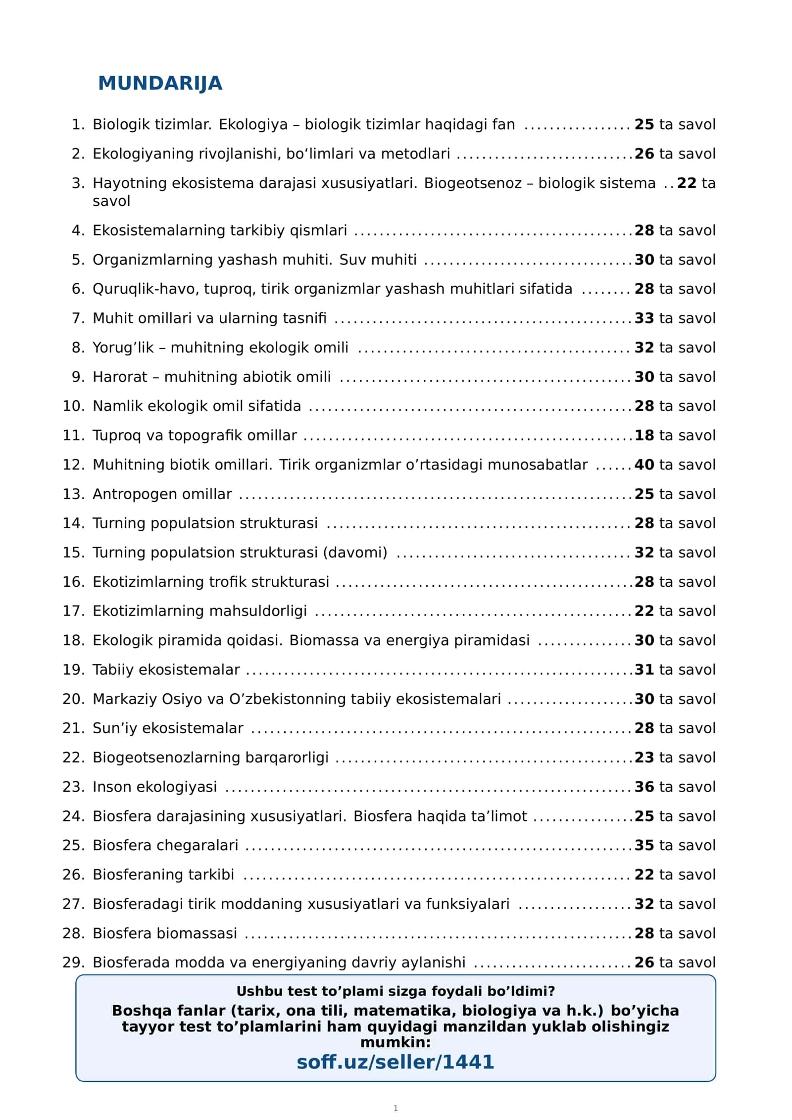11-sinf Biologiya fanidan mavzulashtirilgan test va savollar to'plami 2
