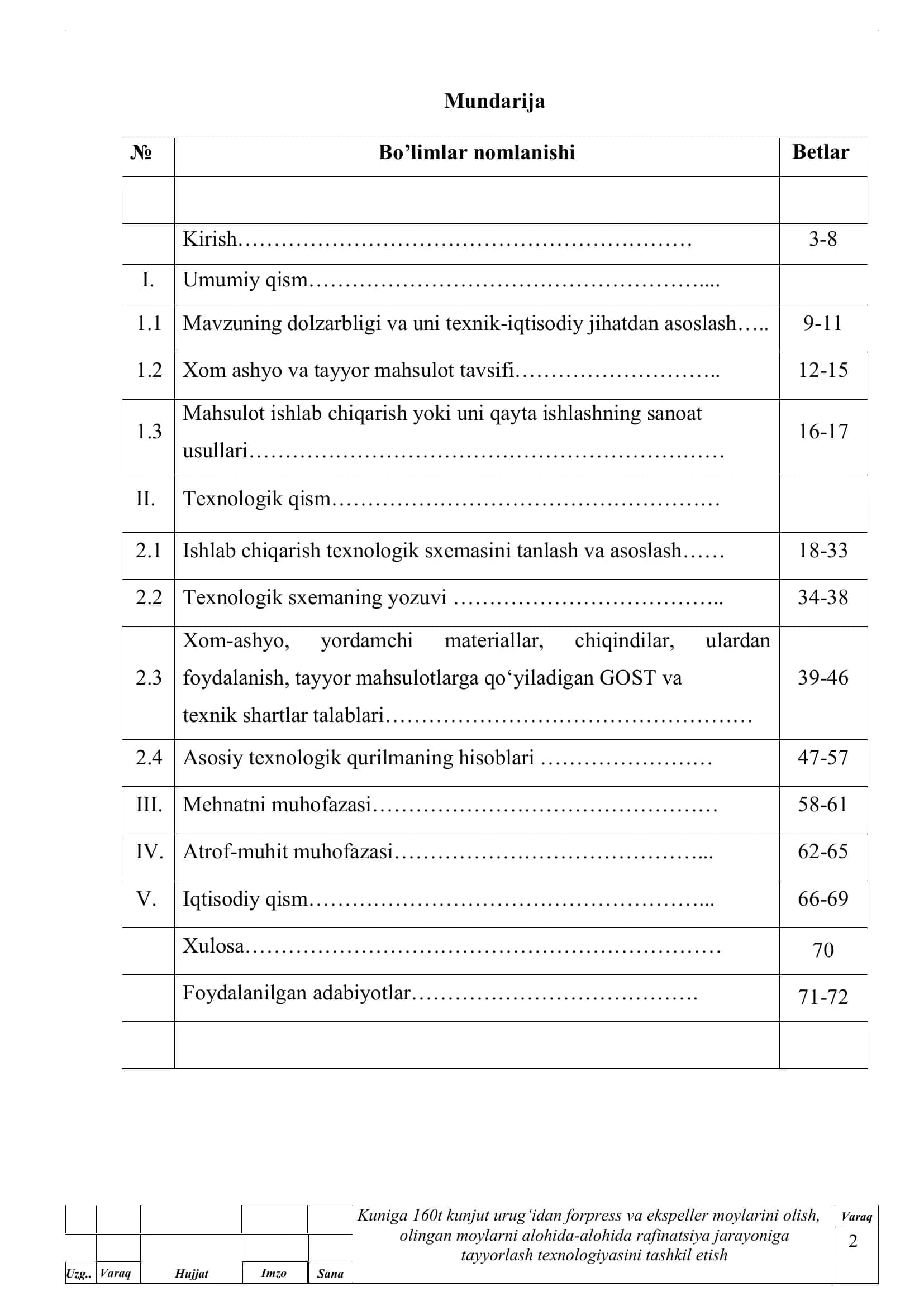 Bitiruv ishi mavzusi: “Sutkasiga 160 t kunjut urug’idan forpress va ekspeller moylarini olish , olingan moylarni alohida-alohida rafinatsiya jarayoniga tayyorlash texnologiyasini tashkil etish 2
