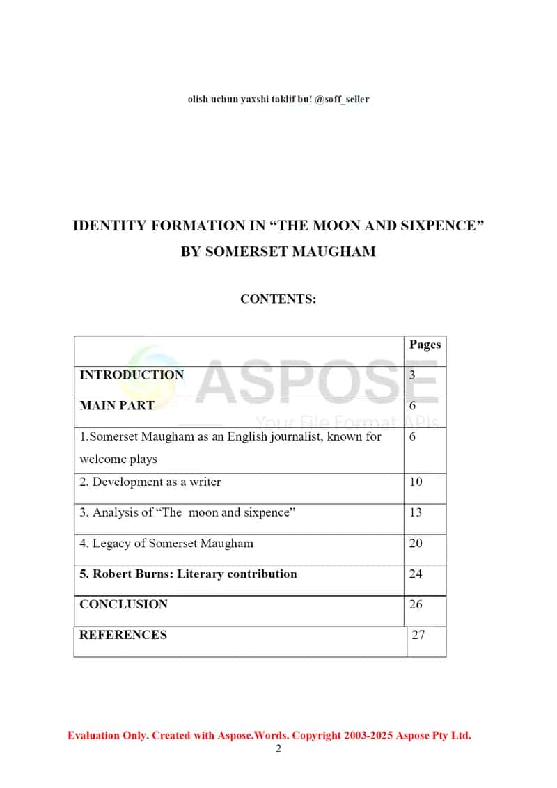 Identity Formation in “The Moon and Sixpence” by Somerset Maugham – Kurs ishi 2