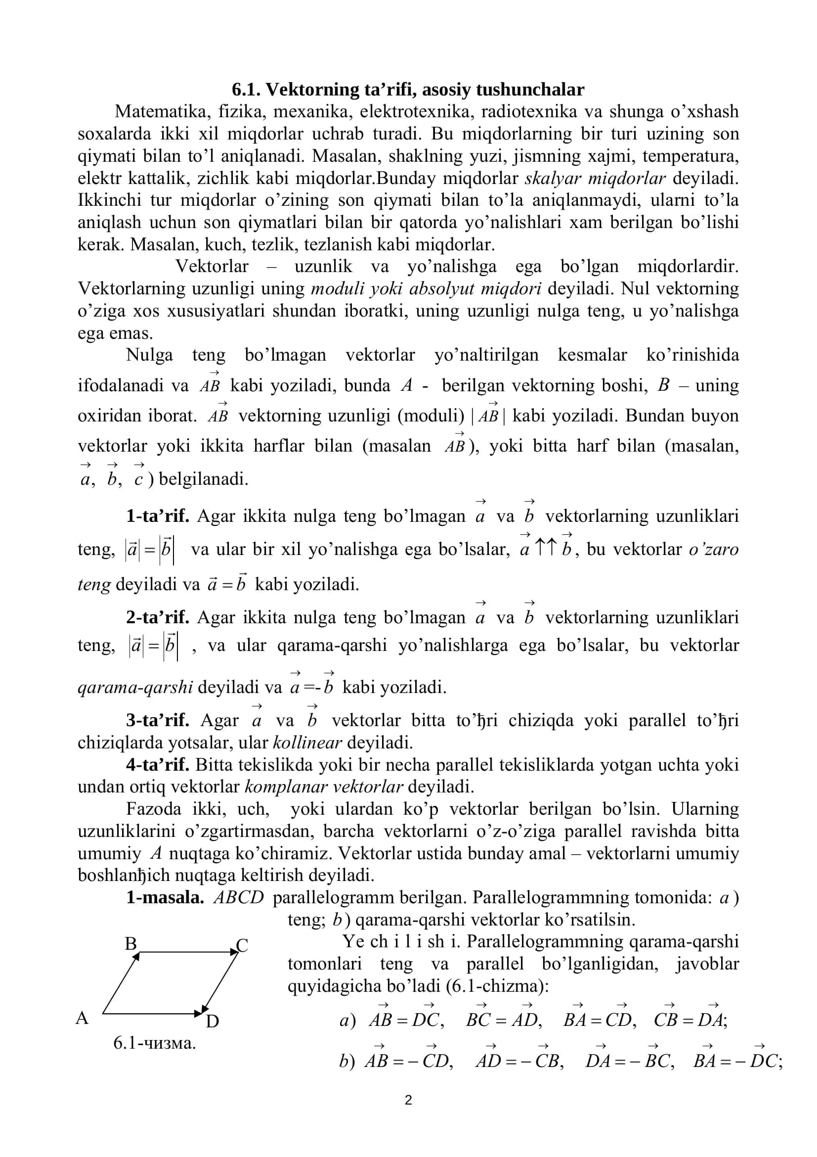 Vektorlar va vektorlar ustida amallar (PDF ma’ruza) 2