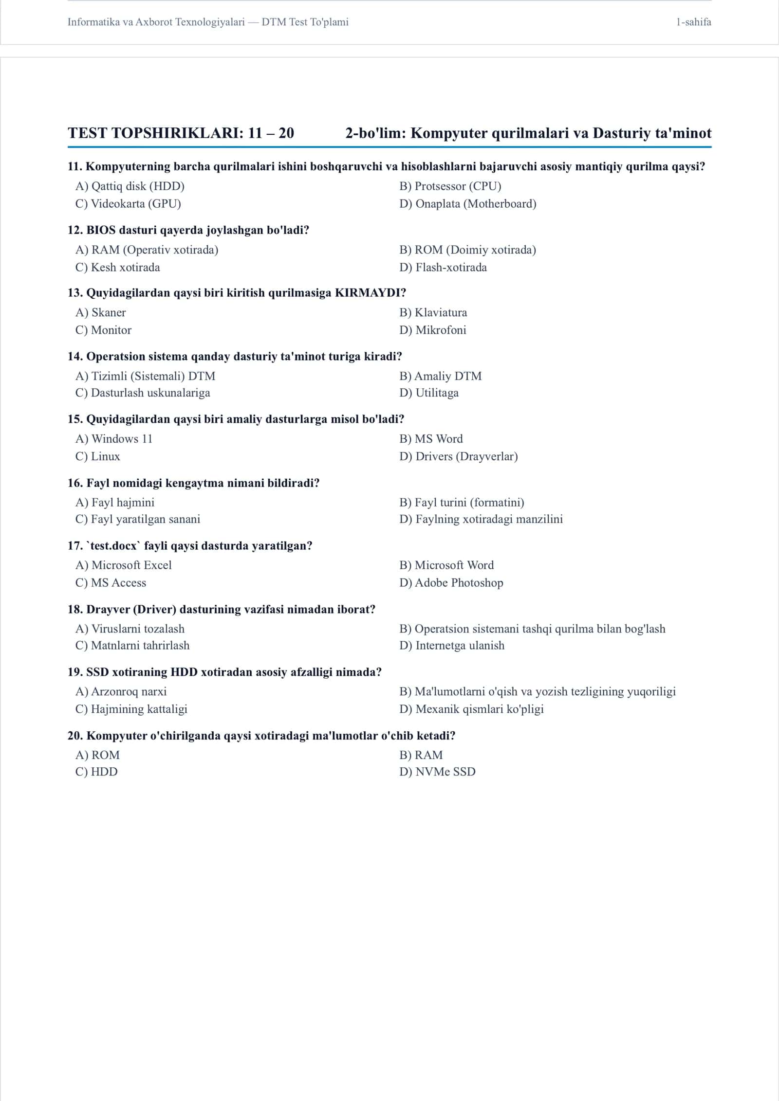 Texnik tizimlarda axborot texnologiyalari va Informatika va axborot texnologiyalari fanidan maxsus Testlar, javoblari bilan birga 2
