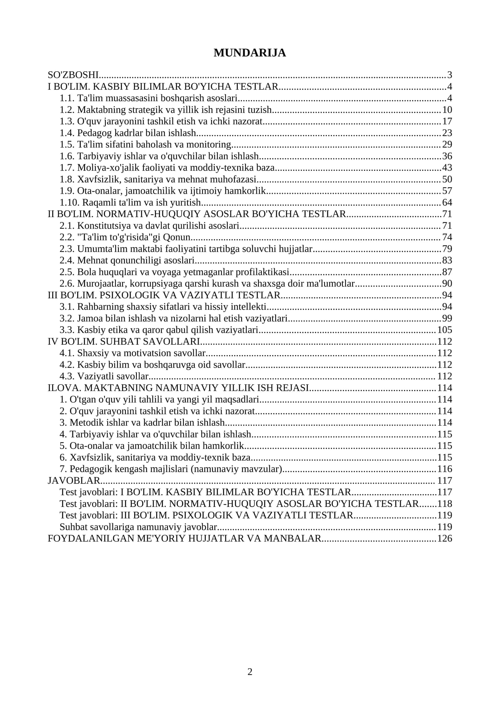 Maktab Direktori: Ish rejasi, Suhbat va Test Savollari 2