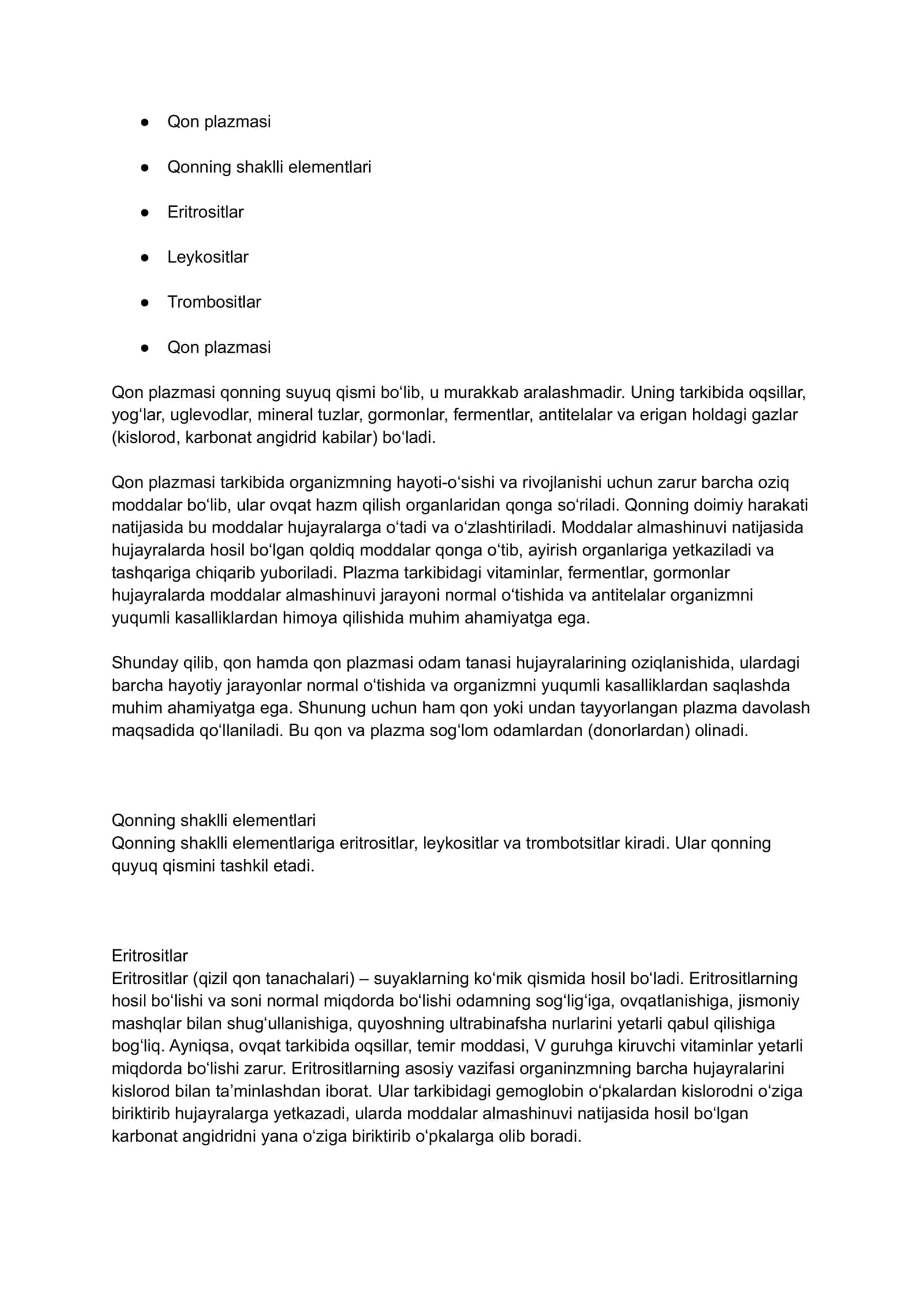 GOMEOSTAZ. QON HOSIL QILUVCHI AZOLAR QON ORGANIZMINI ICHKI TIZIMI. LIMFA TIZIMI. QONNING TARKIBI FUNKSIYASI. QON GURUHLARI. REZUSFAKTOR 2