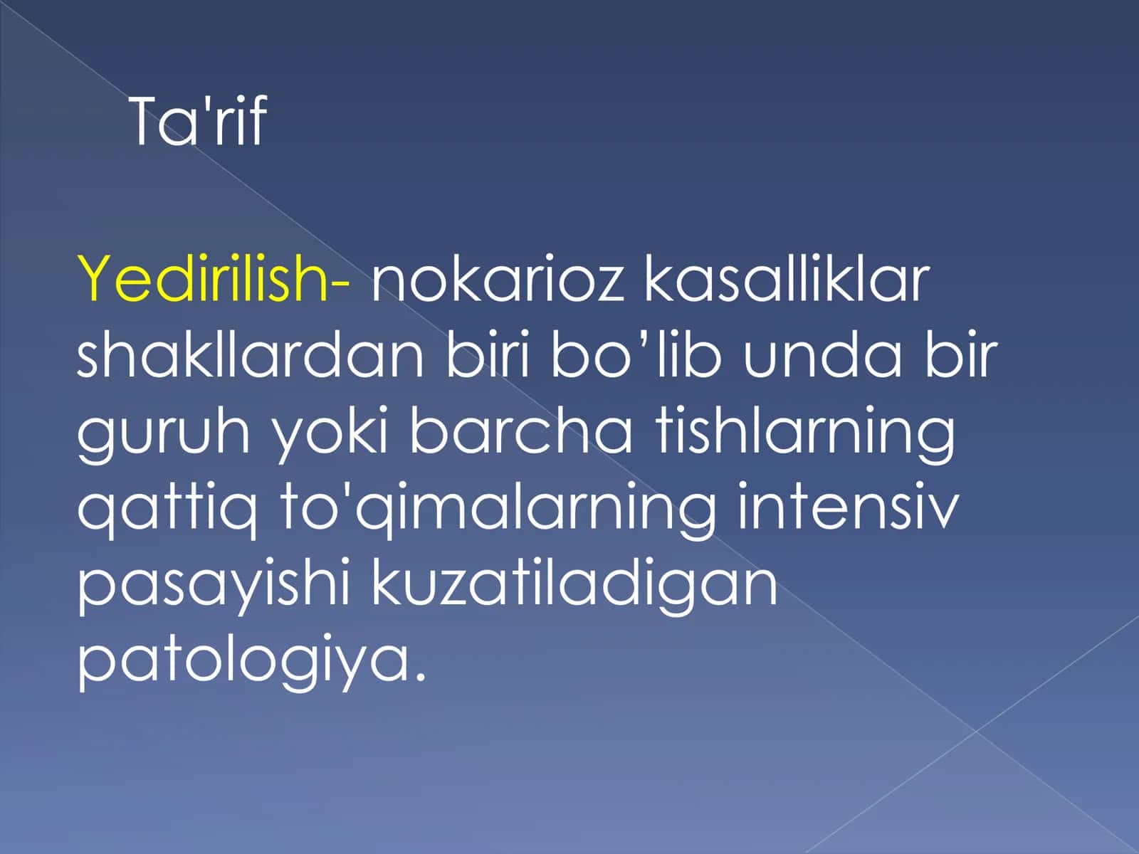Tishning qattiq to'qimalarining yedirilishi, fiziologik va patologik yedirilish 2